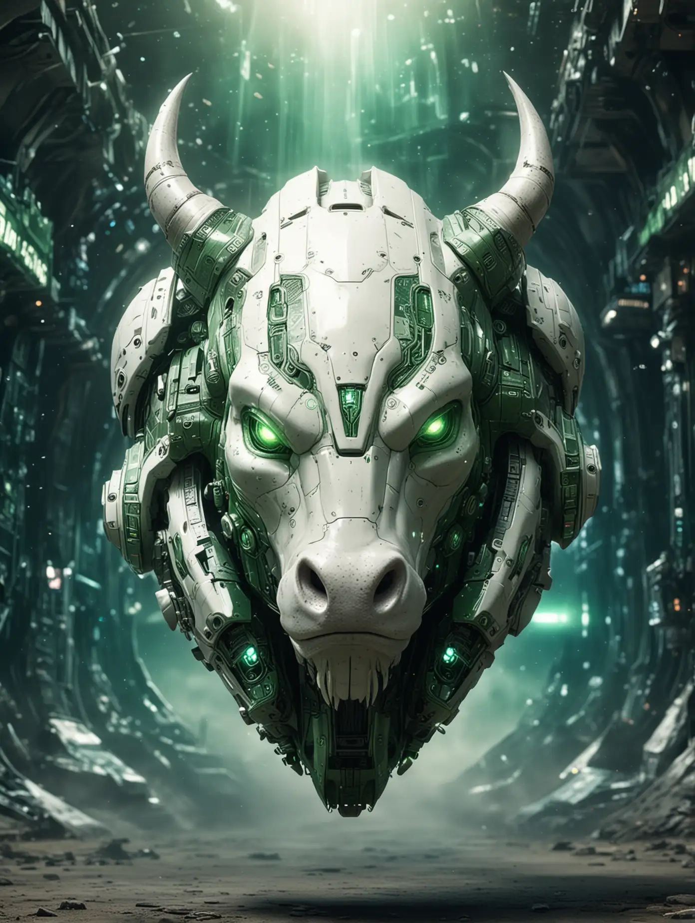 a futuristic green-white bull head spaceship. with sci-fi background