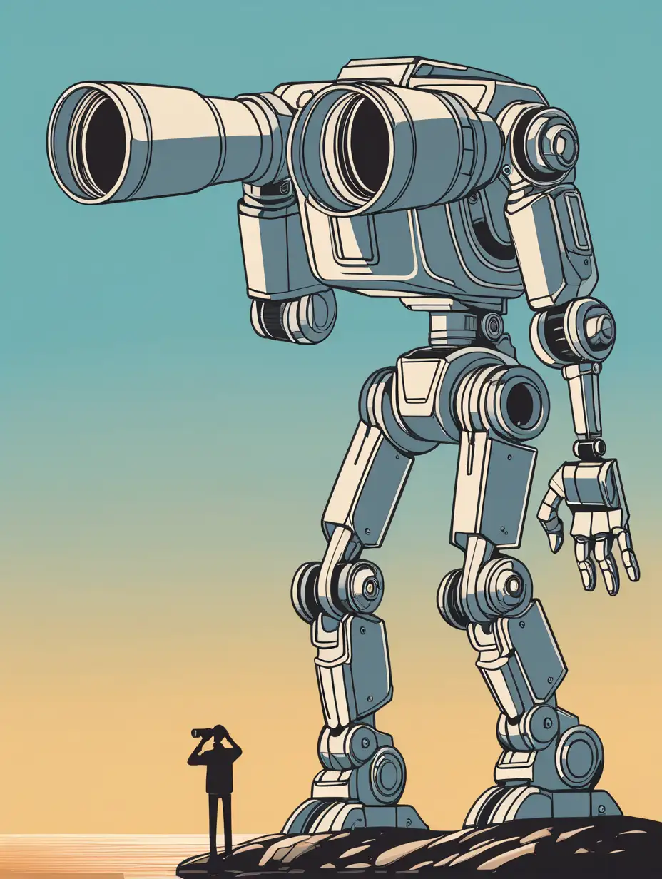 Vector illustration of a robot hand on which stands a small human figure looking through binoculars at the horizon