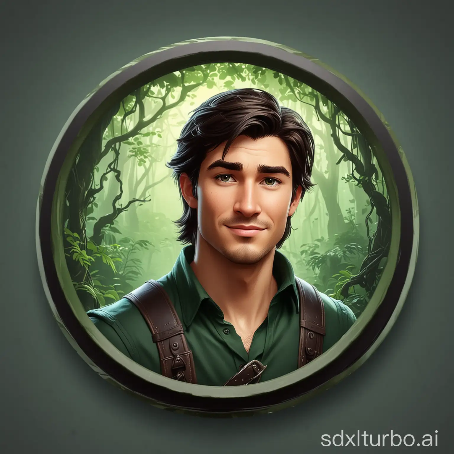 rounded avatar game badge for male, green and black colors, tangled, Flynn Rider, sloied background