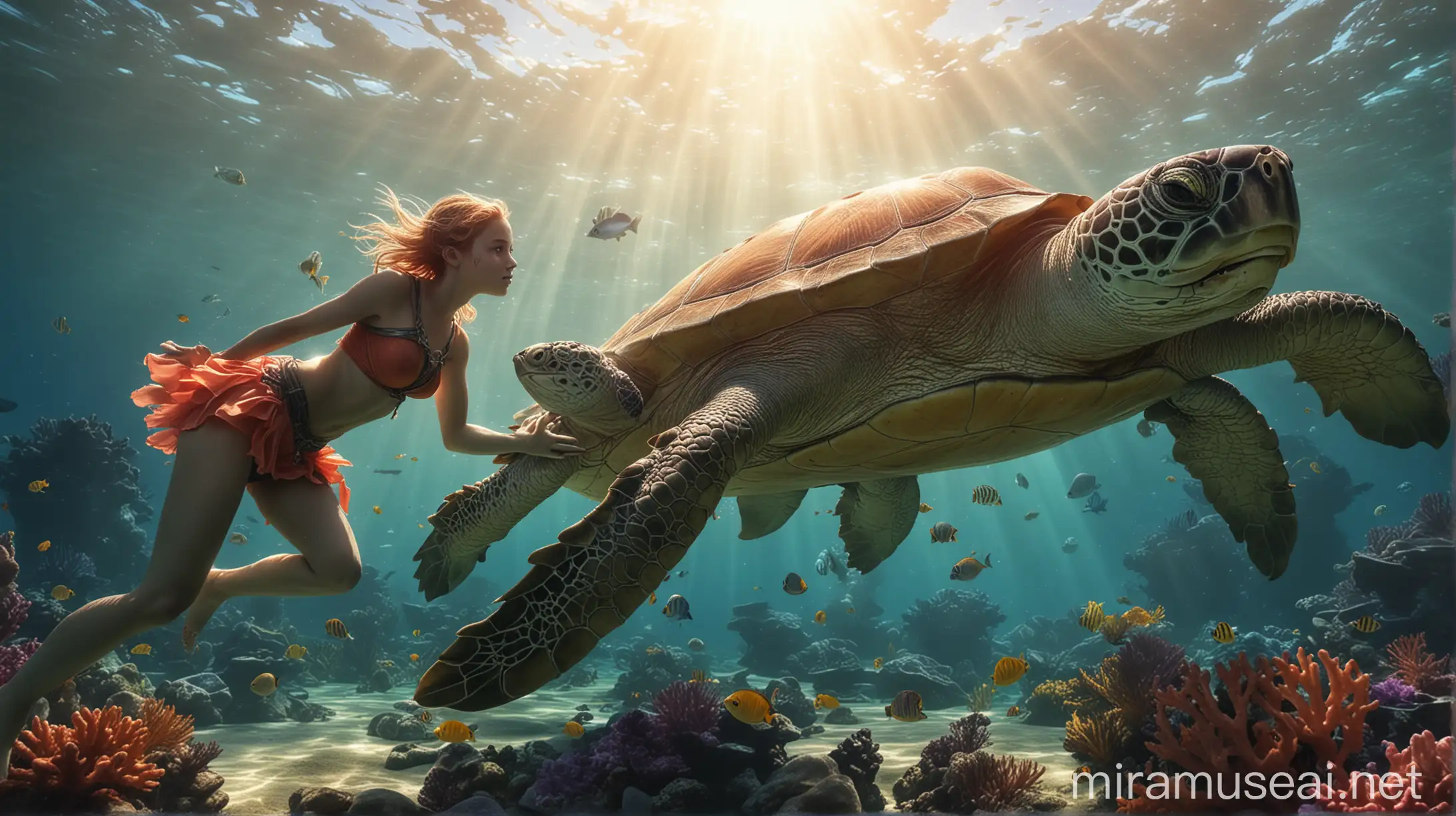 Magical Underwater Elf Riding Giant Turtle in Colorful Coral Reef