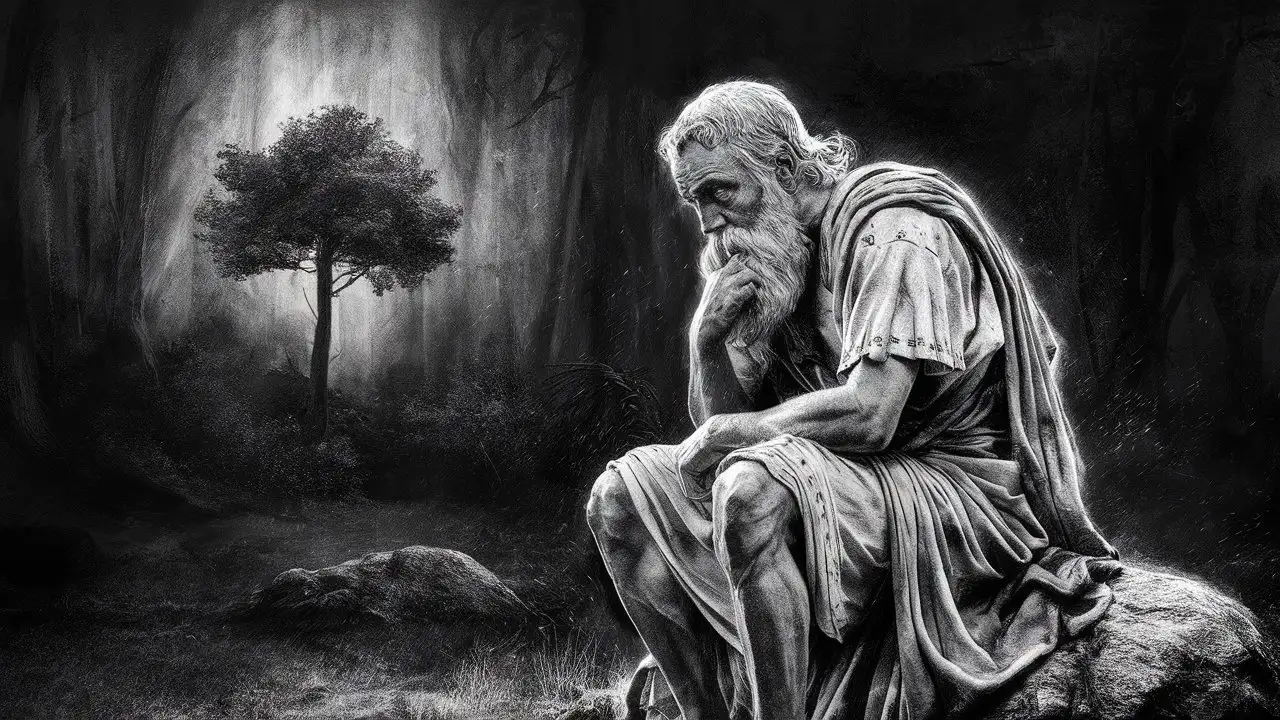 an old roman man with long beard, thinking something, sitting on a rock, a tree, dark background