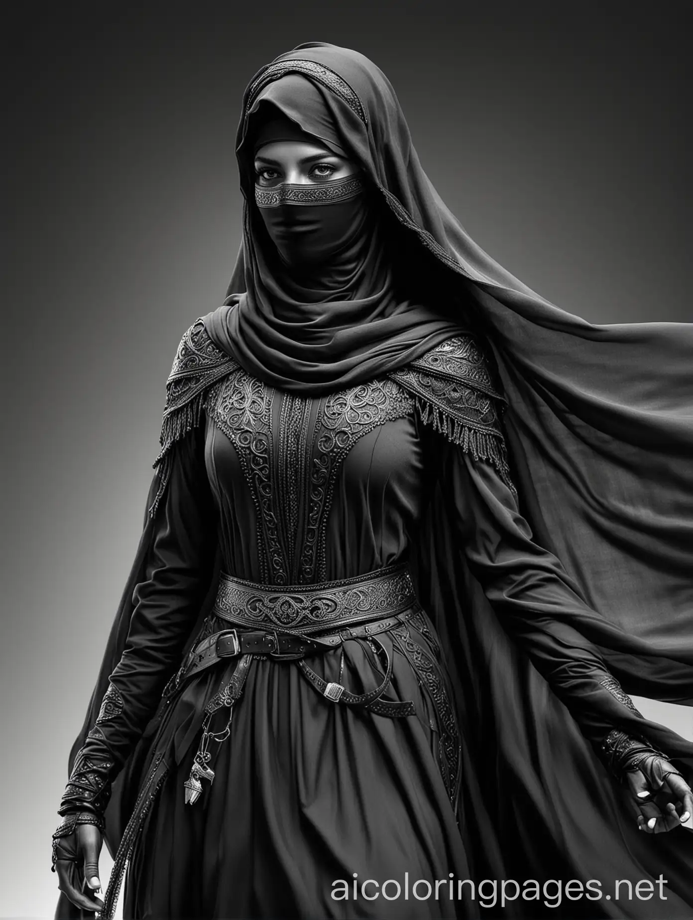 Veiled Arab horsewoman, graceful figure, wearing a burqa, shiny black horse, strong build, background that looks like a battlefield, front photo, realistic, without errors, high quality , Coloring Page, black and white, line art, white background, Simplicity, Ample White Space.