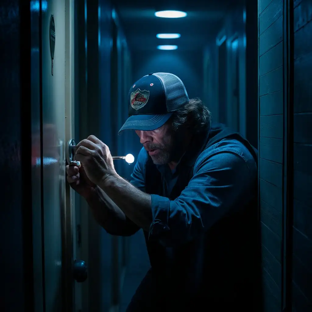 a redneck man with baseball hat, in a dark hallway at night, picking a lock