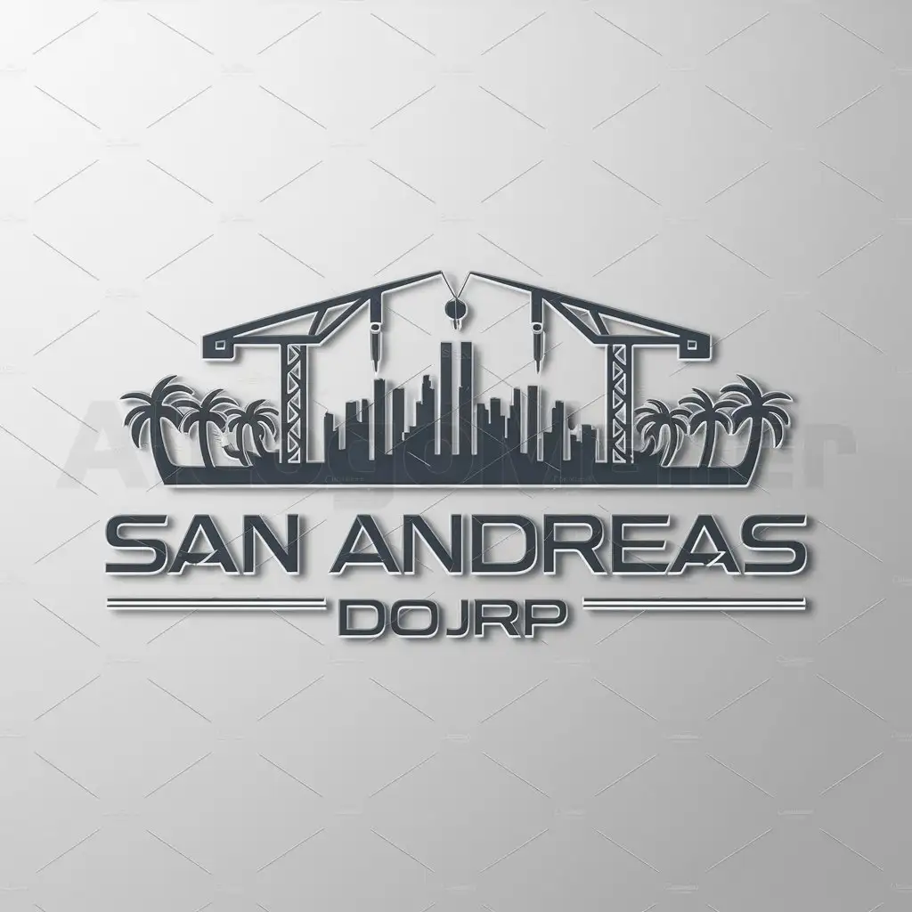 a logo design,with the text "San Andreas, DOJRP", main symbol:Create a Logo for Fivem Server with city skyline and a crane in the middle with palm trees on the side,Moderate,be used in Technology industry,clear background