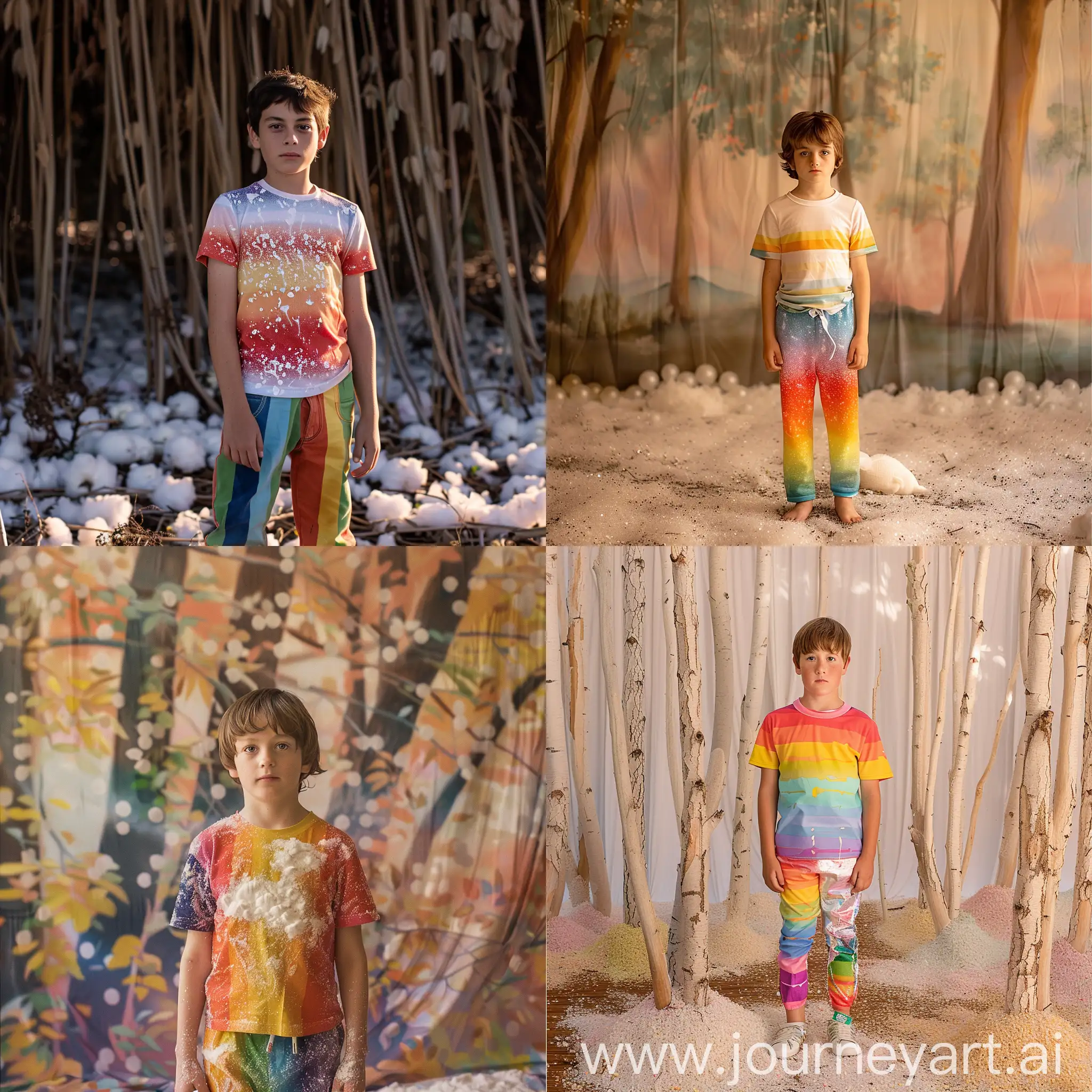 Boy-in-Rainbow-Outfit-Standing-Before-Poplar-Trees