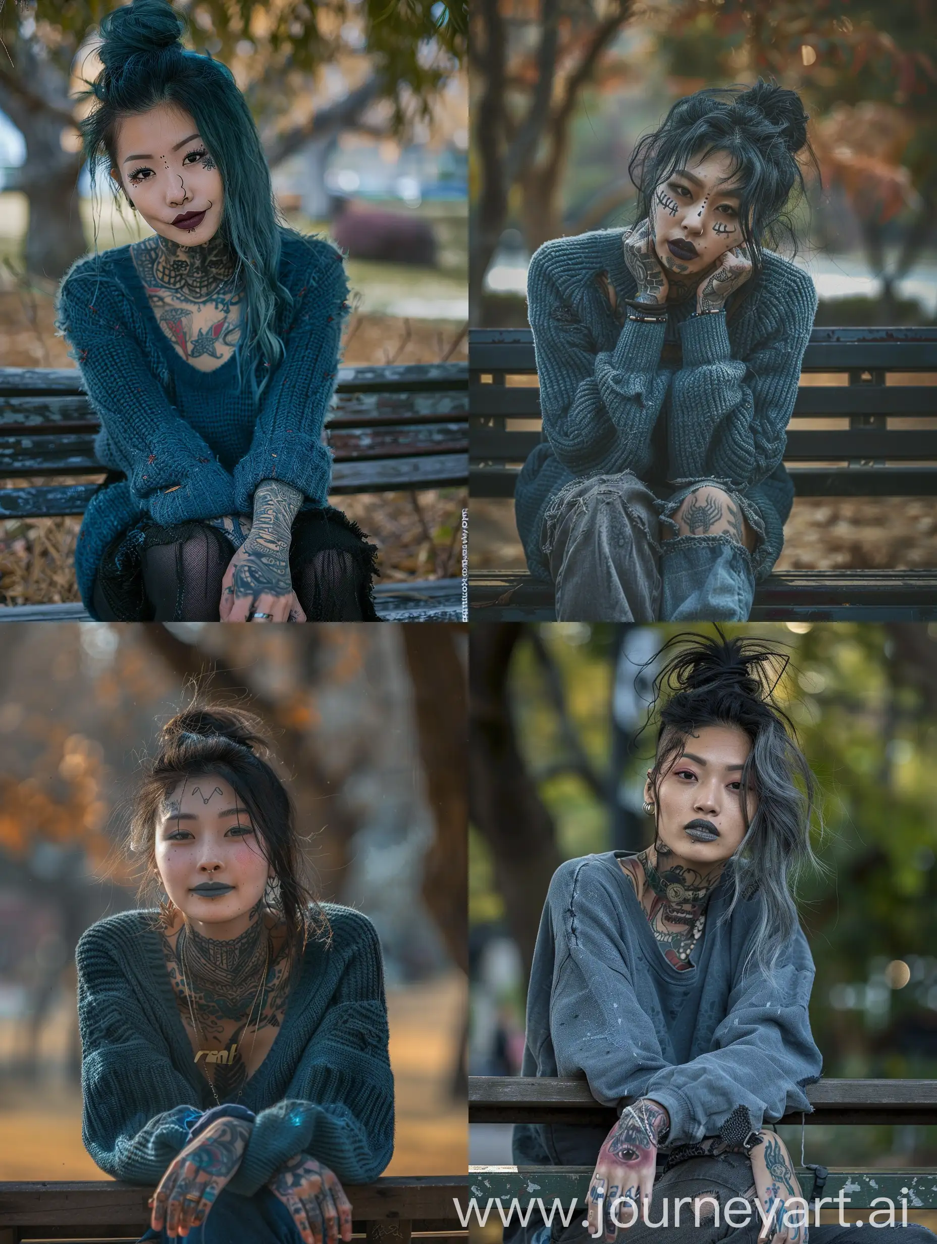 Punk-Korean-Woman-with-Homemade-Tattoos-Sitting-on-Park-Bench