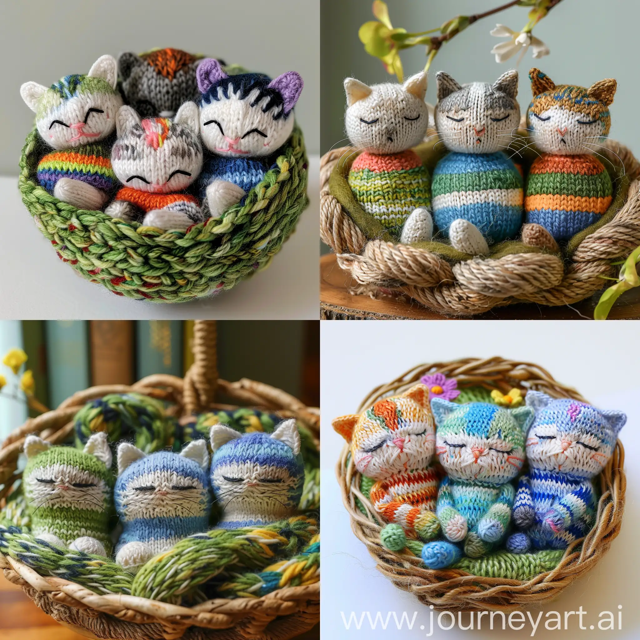 3 awe fashion knitted kittens in wool nest. 1 kitten is knitted in green white stripes. 1 kitten is knitted in blue white stripes. 1 kitten is knitted in rainbow dots