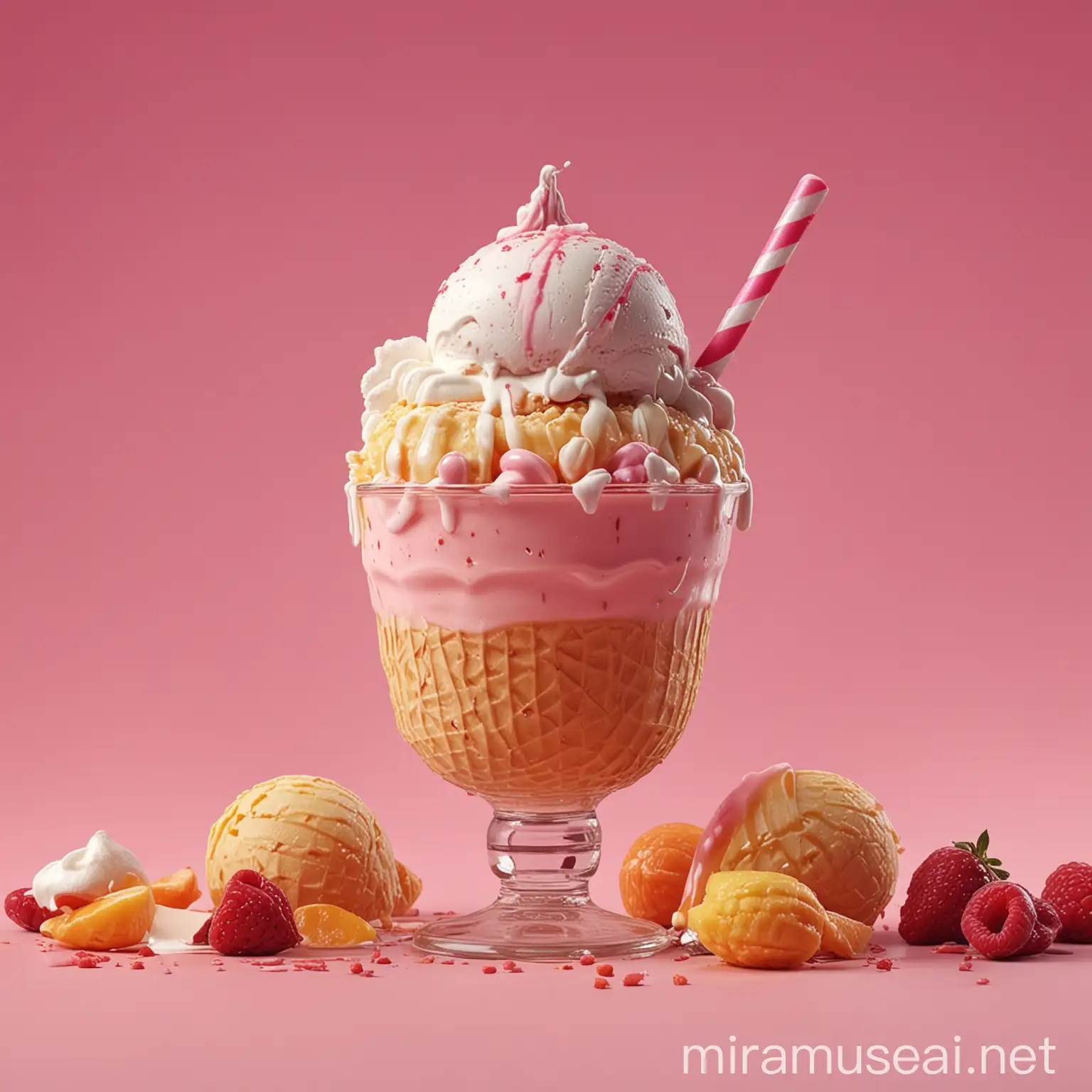 icecream with milk and juices, Confectionery decorated, high detail, 4k resolution in the pink background