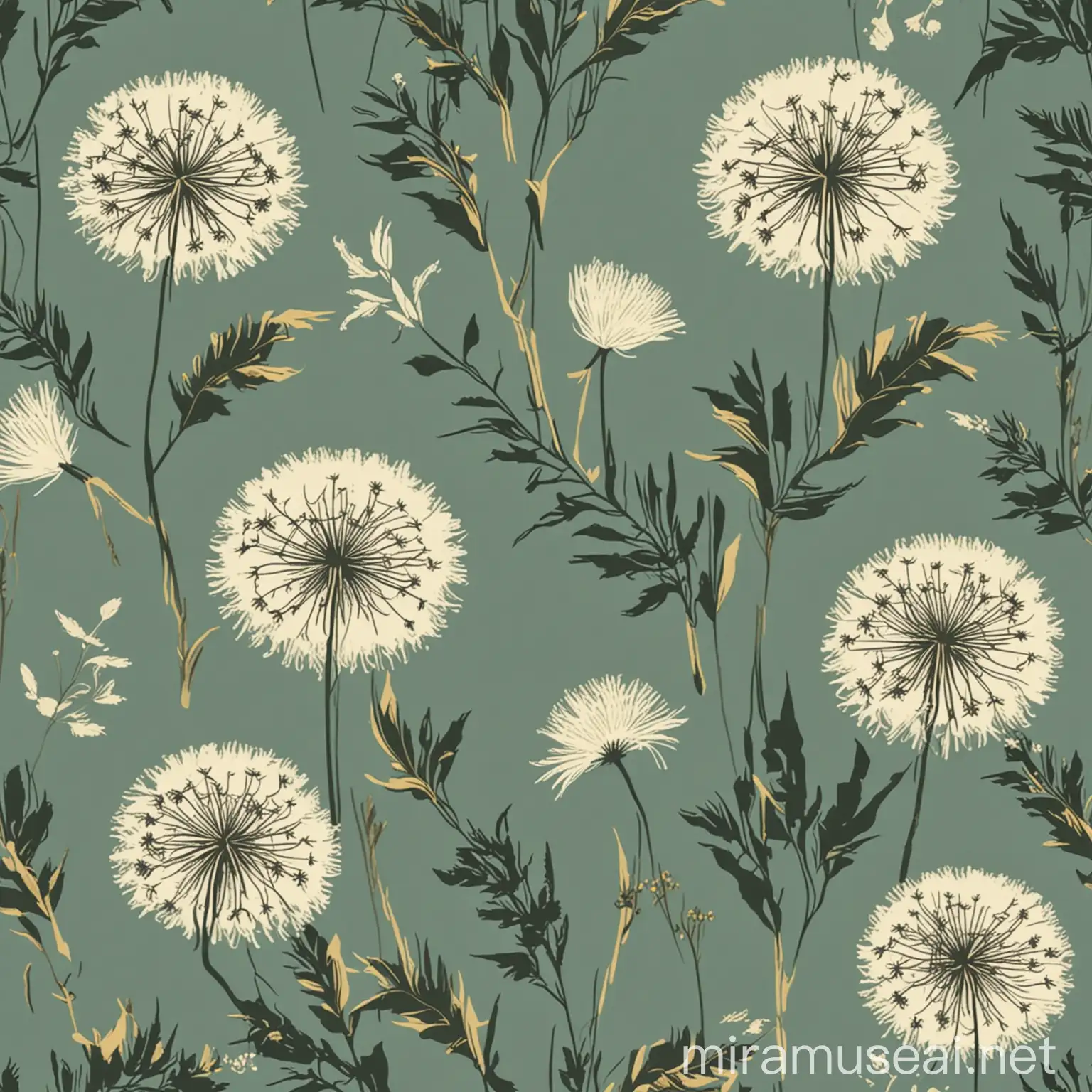 Minimalist Floral Seamless Pattern with Dandelions and Leaves