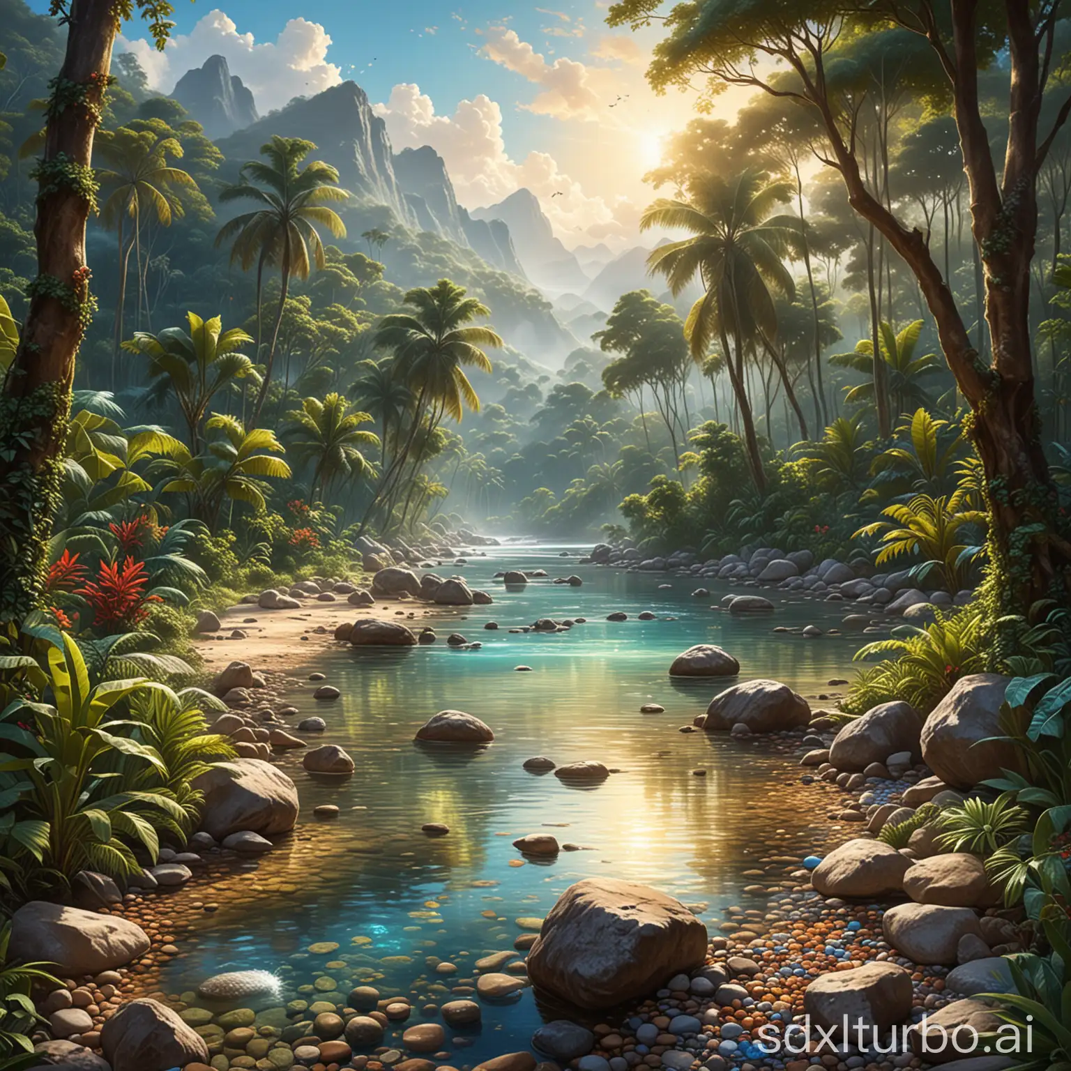 The pure land of the earth: a vibrant tropical rainforest, with sunlight streaming through dense canopies, casting golden patches on the ground. A clear river winds through it, with colorful pebbles visible on the riverbed, and fish happily darting through the water. The sky is a boundless azure, adorned with a few wispy clouds. In the distance, majestic mountains stand tall, their snow-capped peaks shimmering in the sunlight. In this realistic painting style, vibrant and harmonious hues are used to emphasize the rich colors and details of nature, such as the intricate vegetation of the tropical rainforest, diverse wildlife, and the crystal-clear water quality of the river. Please create a painting with the theme of "harmony of the earth," evoking people's nostalgia and desire to protect the pristine beauty of the earth.