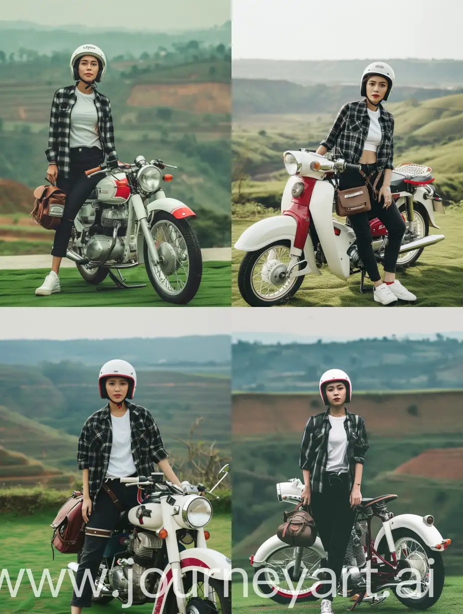 Stylish-Indonesian-Woman-with-Classic-Motorcycle-in-Serene-Landscape