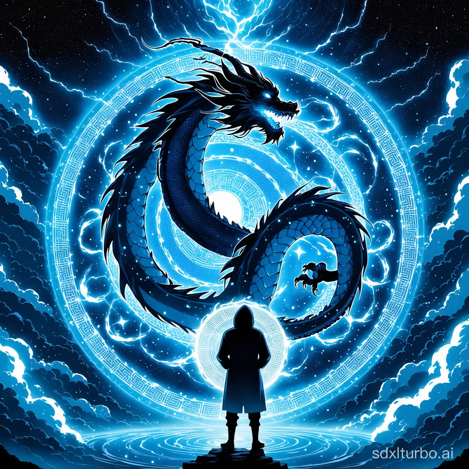 Starry sky, a giant blue Chinese dragon surrounded by thunder, the silhouette of a man wearing a hood, a huge magic circle under his feet.