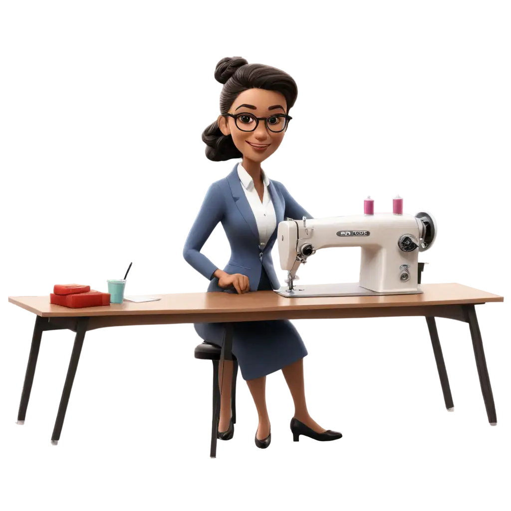 A cartoon image of a tailor behind a sewing machine.