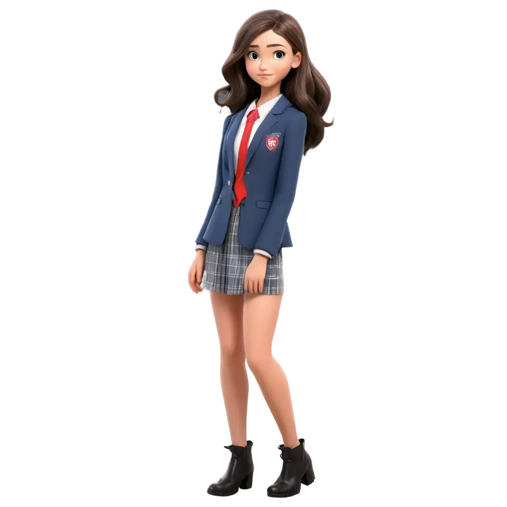 cartoon realistic teen girl in school uniform skirt  wearing a blazer standing normaly with her hands down by her sids