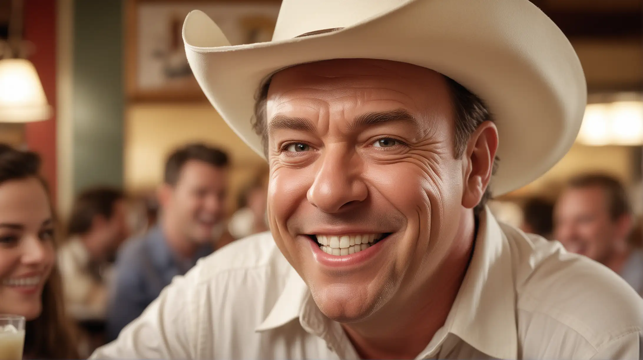 CLASSIC CLOSE UP PORTRAIT PHOTOGRAPHY STYLE, actor Tom Arnold look-alike, goofy, clean white cowboy hat, big smile gap between two front teeth, toothpick dangling from mouth, busy 24 hour diner in background, photo realistic, cinematic lighting