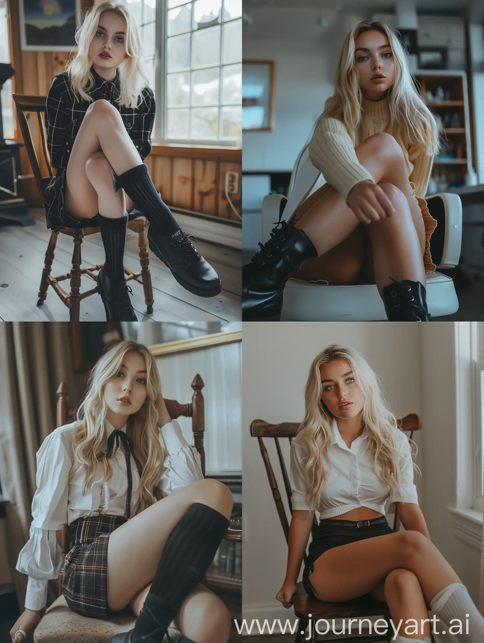 Young-Blonde-Influencer-in-School-Uniform-and-Black-Boots-Sitting-on-Chair