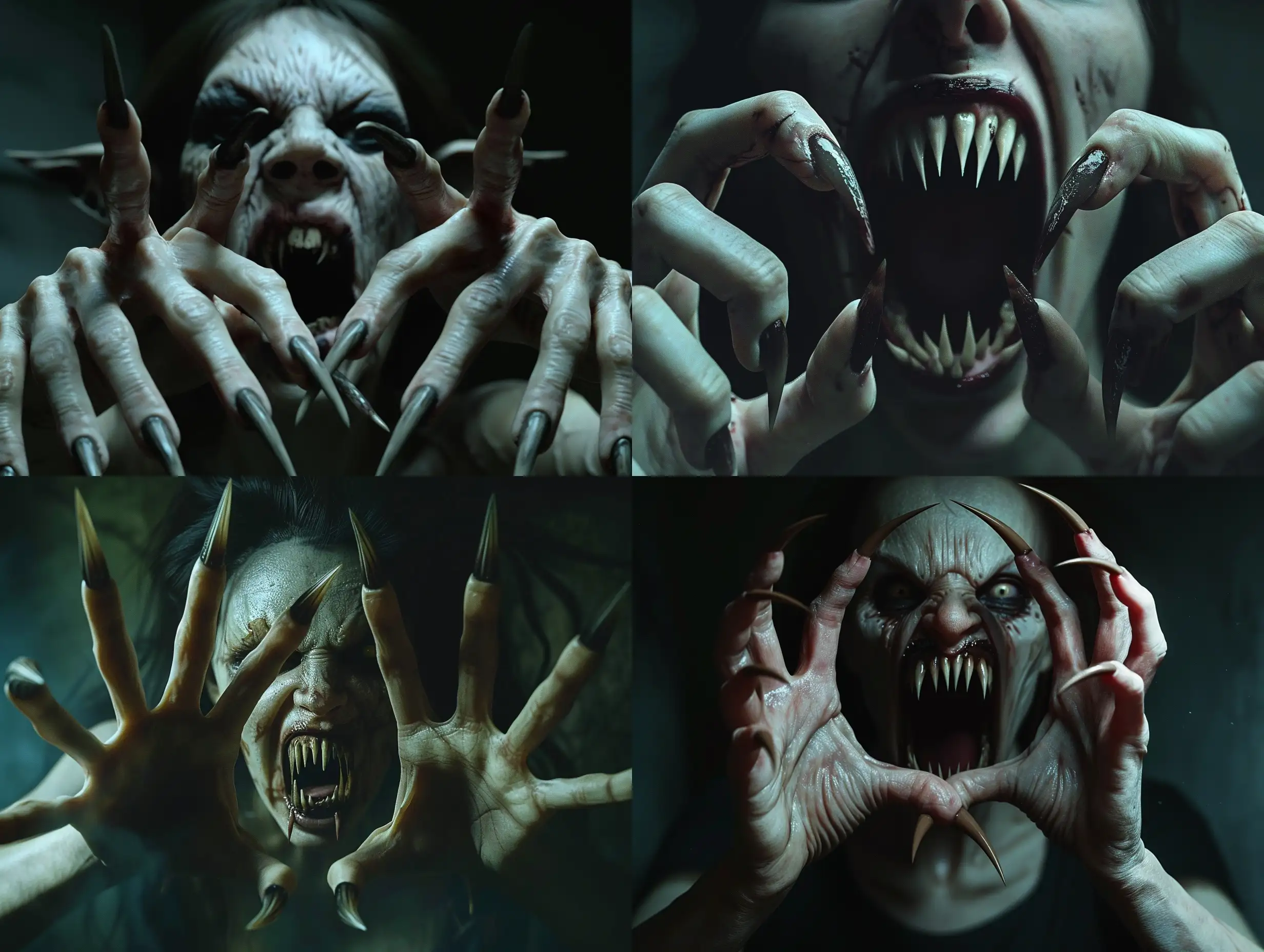 A photorealistic scene of a wild ugly monstruos vampire woman with extra long pointed fingernails, on each hands with five fingers, her mouth is threateningly open, and terrible teeth look like fangs, the vampire looks like she climbed out of the grave, her nails resemble the claws of a predators.scene inside darkness room,hyper-realism, cinematic, high detail, photo detailing, high quality, photorealistic, aggressive, dark atmosphere, realistic, the smallest details, detailed nails, horror, atmospheric lighting, full anatomical, photorealism, detailed, textured, dark, haunting, night-time scene, intense, creepy, undead, spooky, eerie, atmospheric lighting, nightmare, grotesque, terrifying, realistic anatomy, human hands, very clear without flaws with five fingers.

