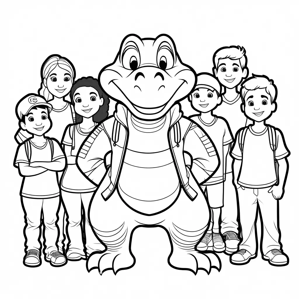 gator mascot  with African American and white students, Coloring Page, black and white, line art, white background, Simplicity, Ample White Space. The background of the coloring page is plain white to make it easy for young children to color within the lines. The outlines of all the subjects are easy to distinguish, making it simple for kids to color without too much difficulty