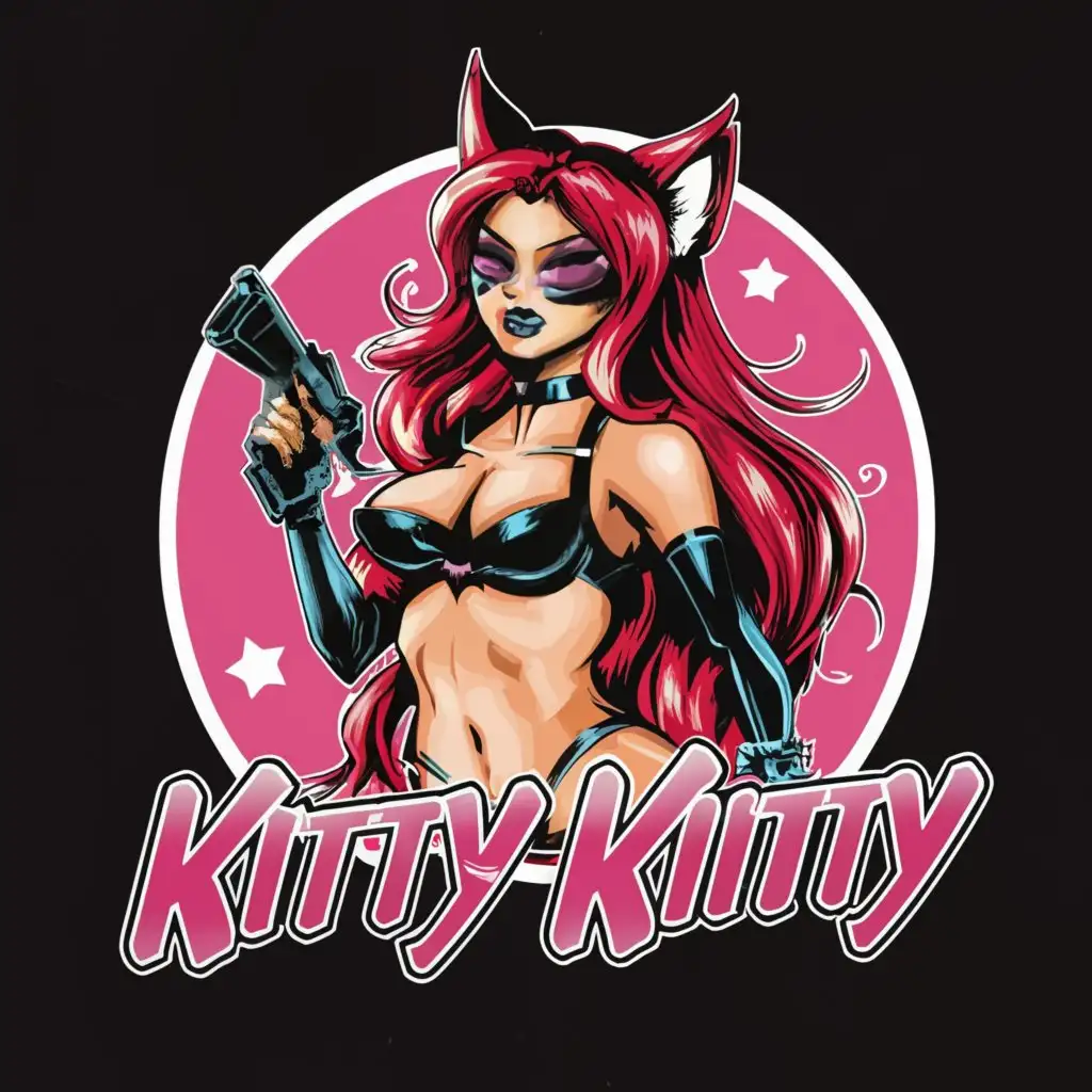 a logo design,with the text "kitty kitty bang! bang!", main symbol:a scantly clad catgirl with a submachinegun long hair,complex,clear background