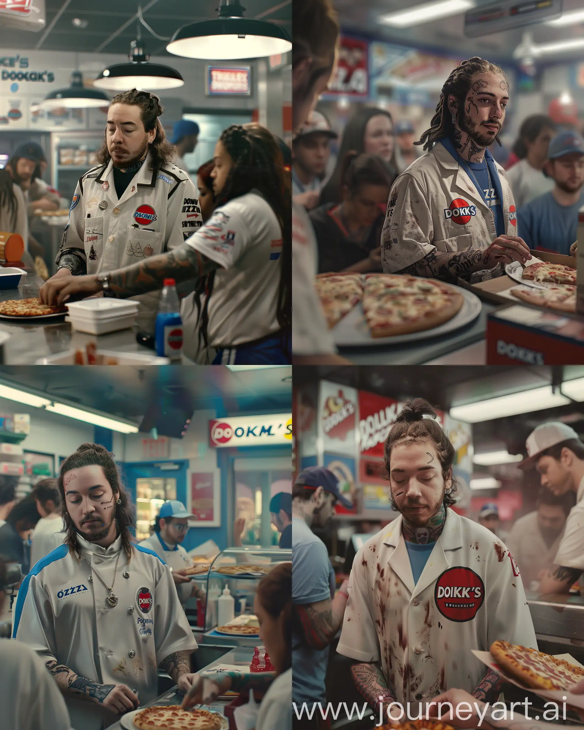 "Experience the hustle and bustle of a busy fast food restaurant through the eyes of The Post Malone, captured in a hyperrealistic photograph as he serves Domino's Pizza to customers in his Domino's uniform." --ar 4:5