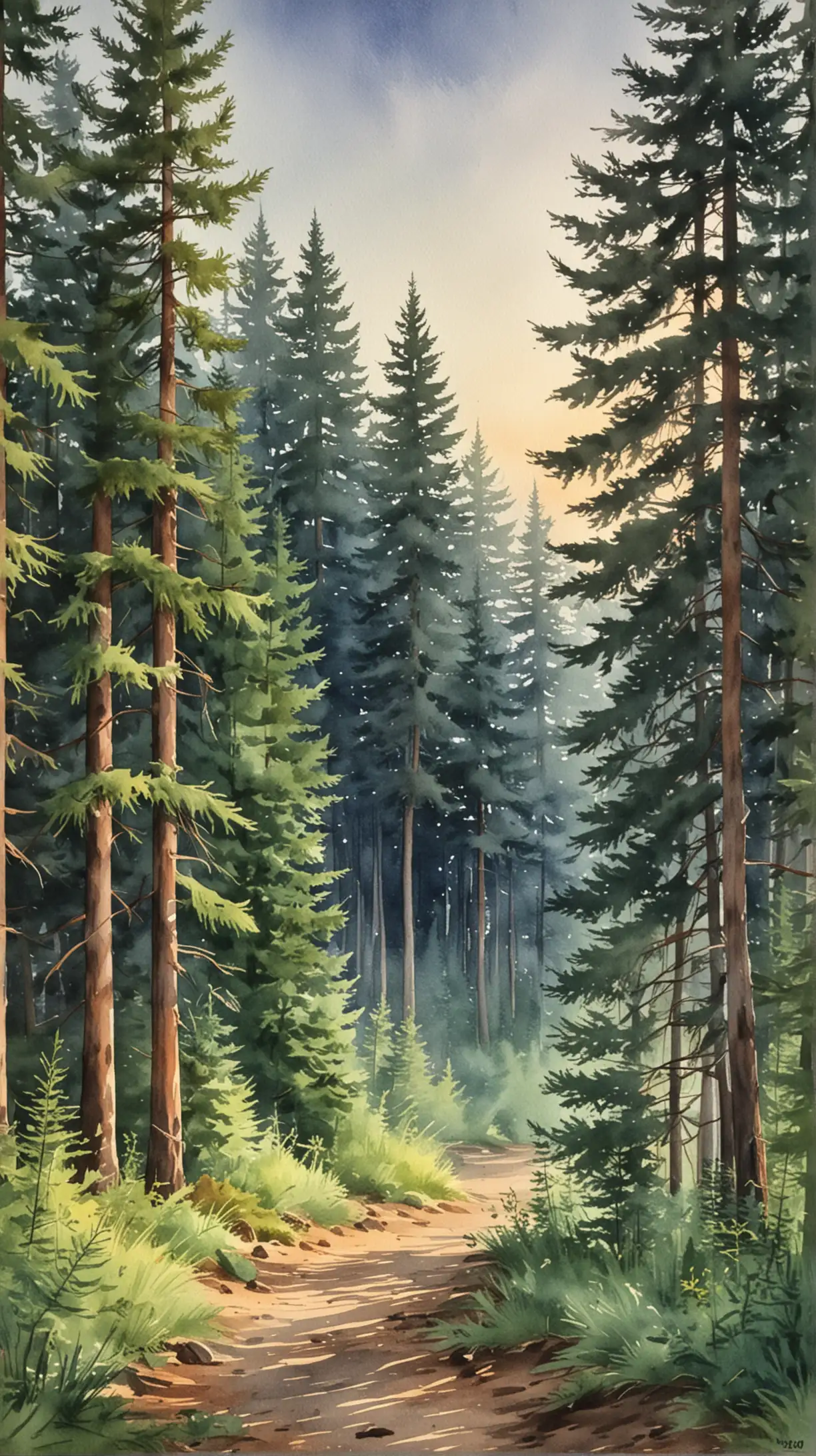 watercolor of a forest of evergreen trees at dusk in the summer.