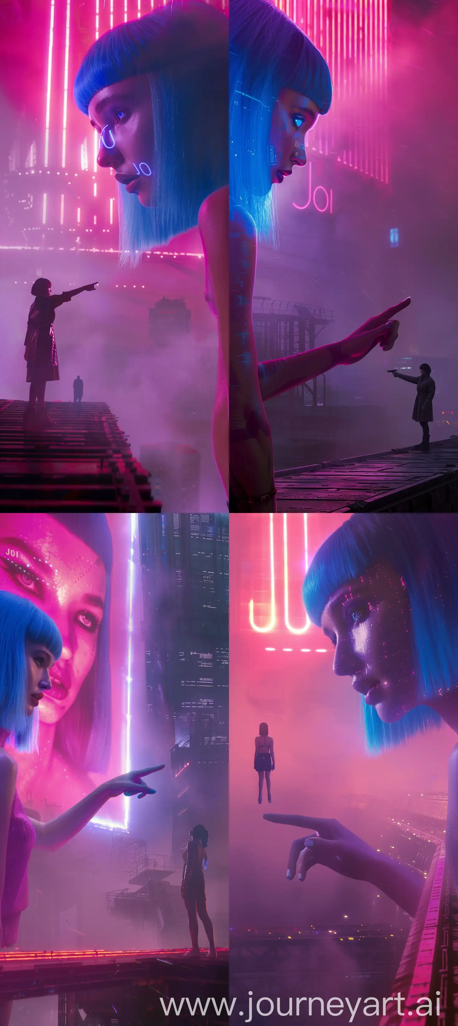 A futuristic, cyberpunk scene from Blade runner 2049 movie you look lonely scene with a giant holographic woman JOI  with blue hair pointing towards a solitary figure on a dark, misty platform. The neon lights and vibrant purples create an ethereal, surreal atmosphere. The background features a foggy, industrial cityscape, adding depth and mystery to the image. The hologram's detailed expression contrasts with the small, silhouetted figure, emphasizing scale and loneliness --cref https://i.postimg.cc/XYHL4NXk/d0da44db45e761a070253b5dccd1a012.jpg --cw 100 --ar 57:128 --v 6