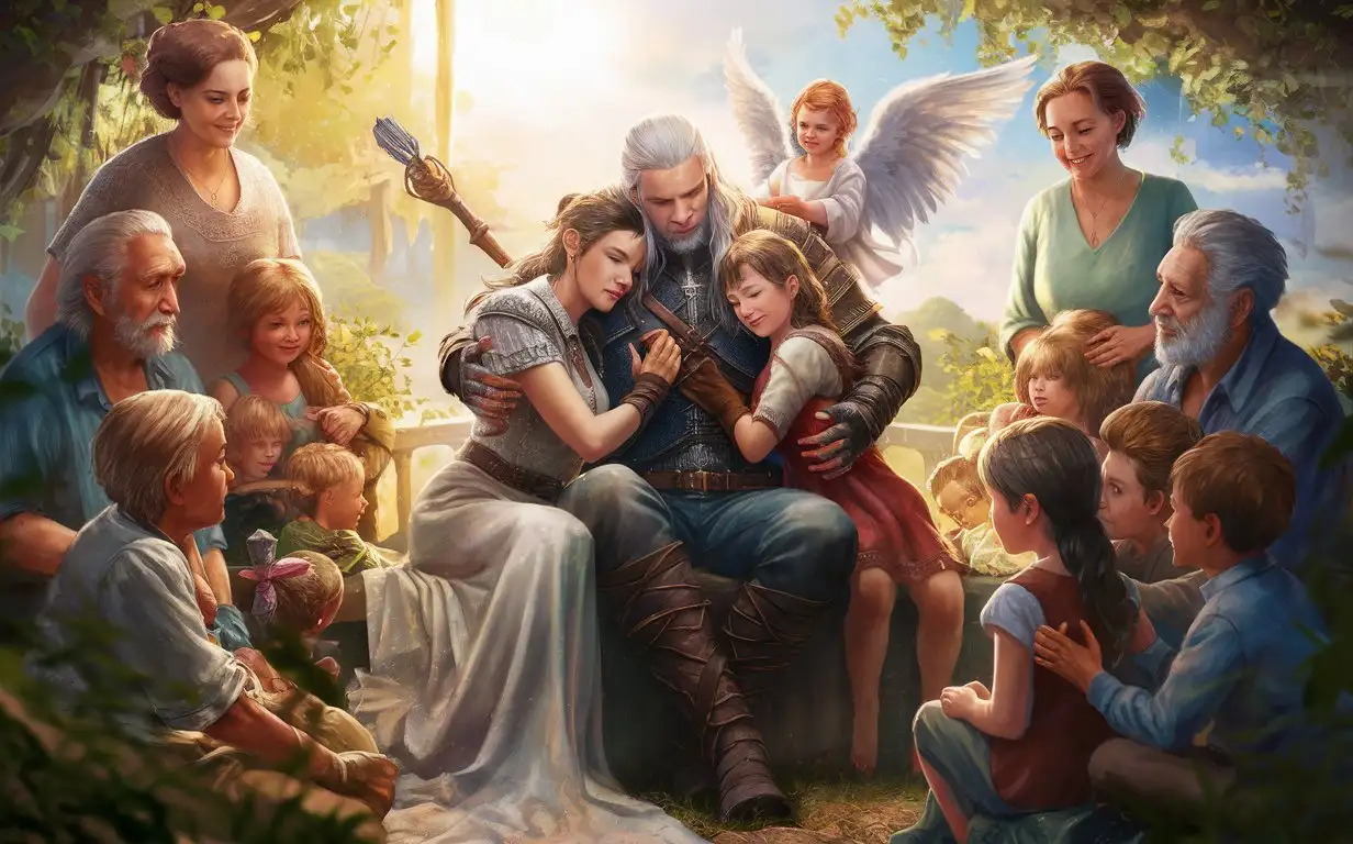 Geralt ended up in heaven sitting with his wife and hugging his angel daughter, radiate guards are sitting near him, Geralt's great grandmother approaches Geralt, next to him sit grandchildren and great-grandchildren of Geralt, Geralt's great great grandfather is standing next to him.