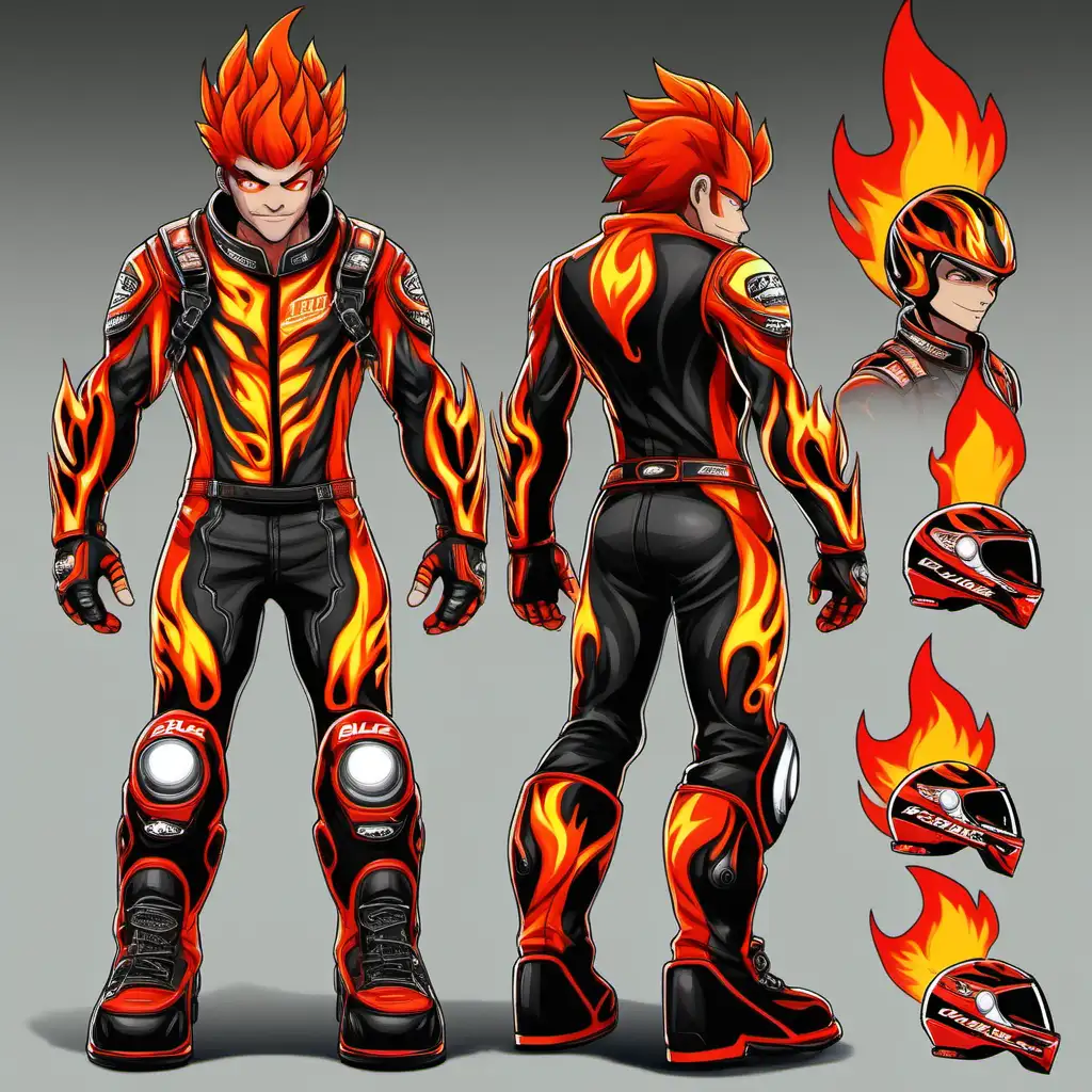 Character Sheet, Blaze Fury is a daring and adrenaline-fueled character with a fiery persona to match their explosive style. They have a rugged and athletic build, with fiery red hair that flows wildly behind them as they race. Their outfit consists of a flame-patterned racing suit adorned with protective gear and emblazoned with sponsor logos. Blaze's intense gaze is accentuated by fiery orange eyes, reflecting their passion for speed and danger.

Their vehicle, a custom-built motorcycle, is a sleek machine adorned with flames and equipped with fiery exhaust pipes that leave a trail of sparks and smoke in their wake. Blaze exudes confidence and fearlessness, always ready to push the limits and ignite excitement on the track.