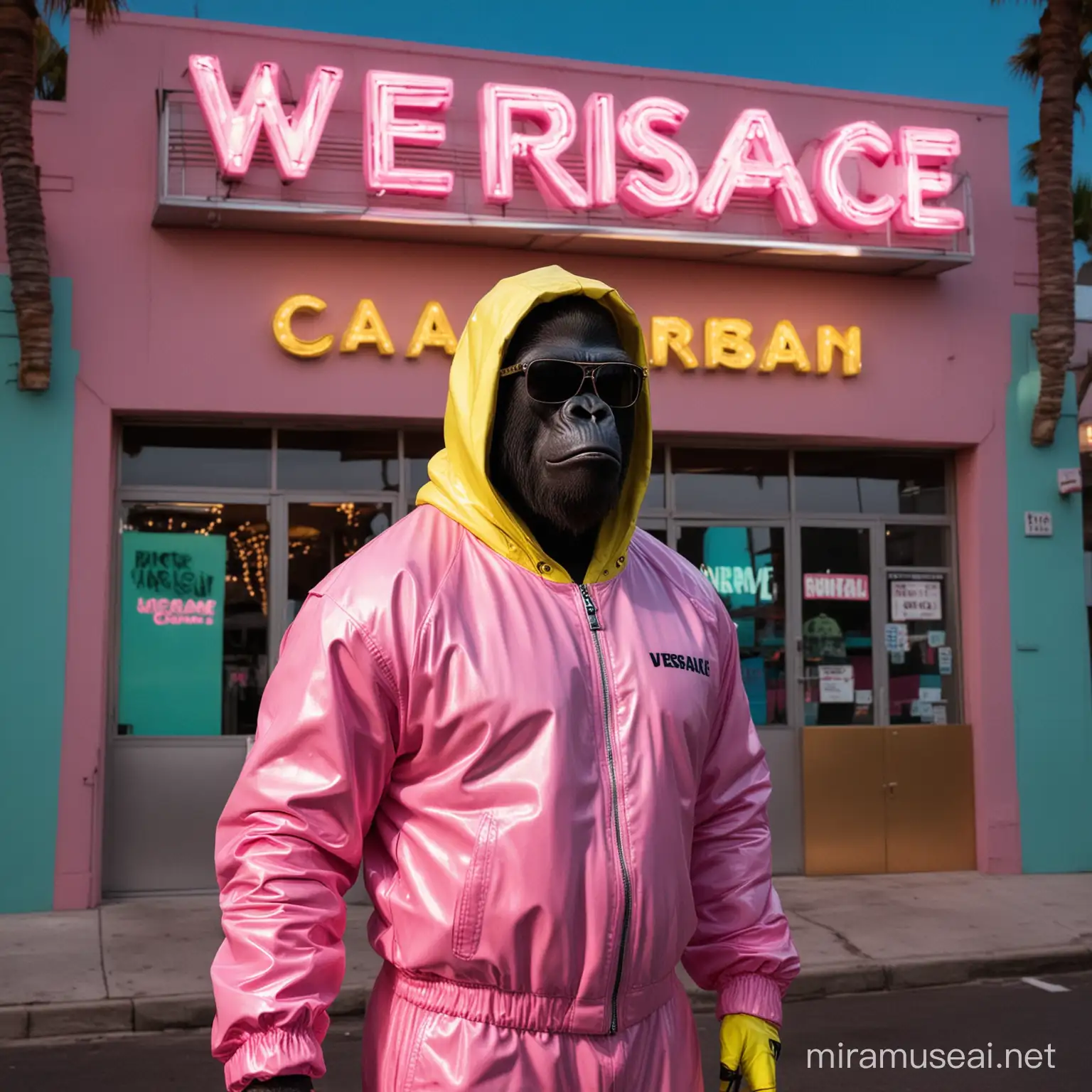 Miami Nightlife Gorilla in Breaking Bad Jumpsuit Under Neon Lights