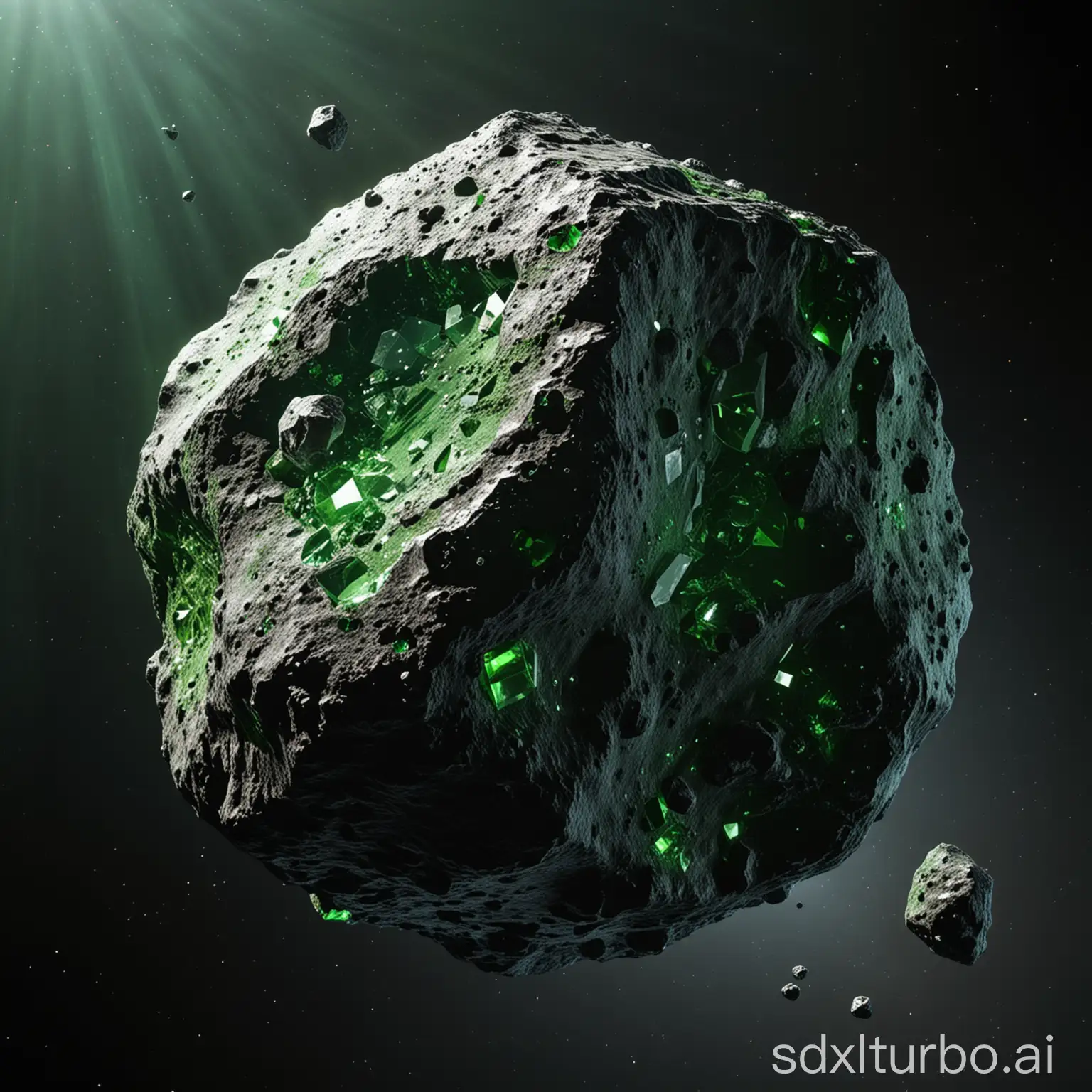 a extrem detailed asteroid with green cubic crsytals on surface