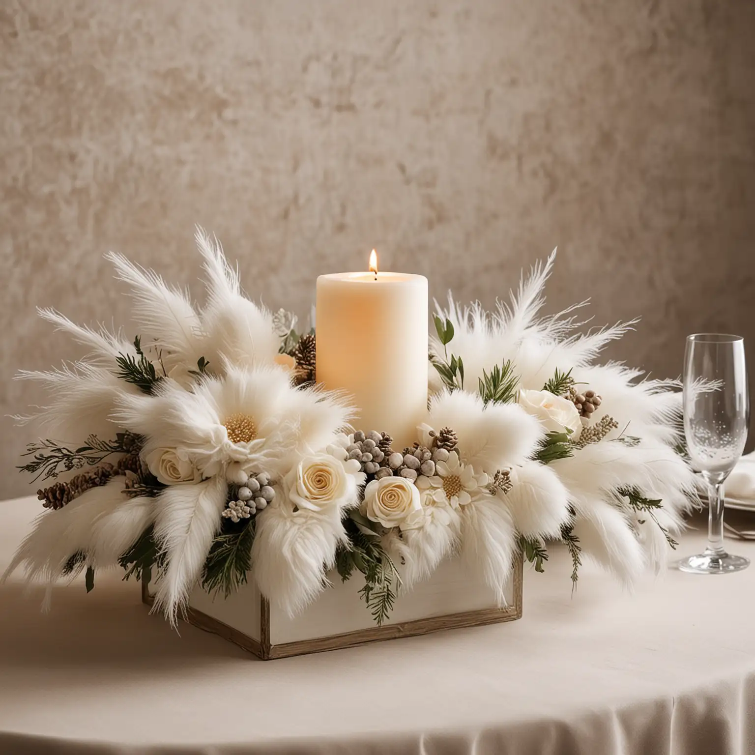 elegant winter wedding centerpiece with faux white fur; keep background neutral