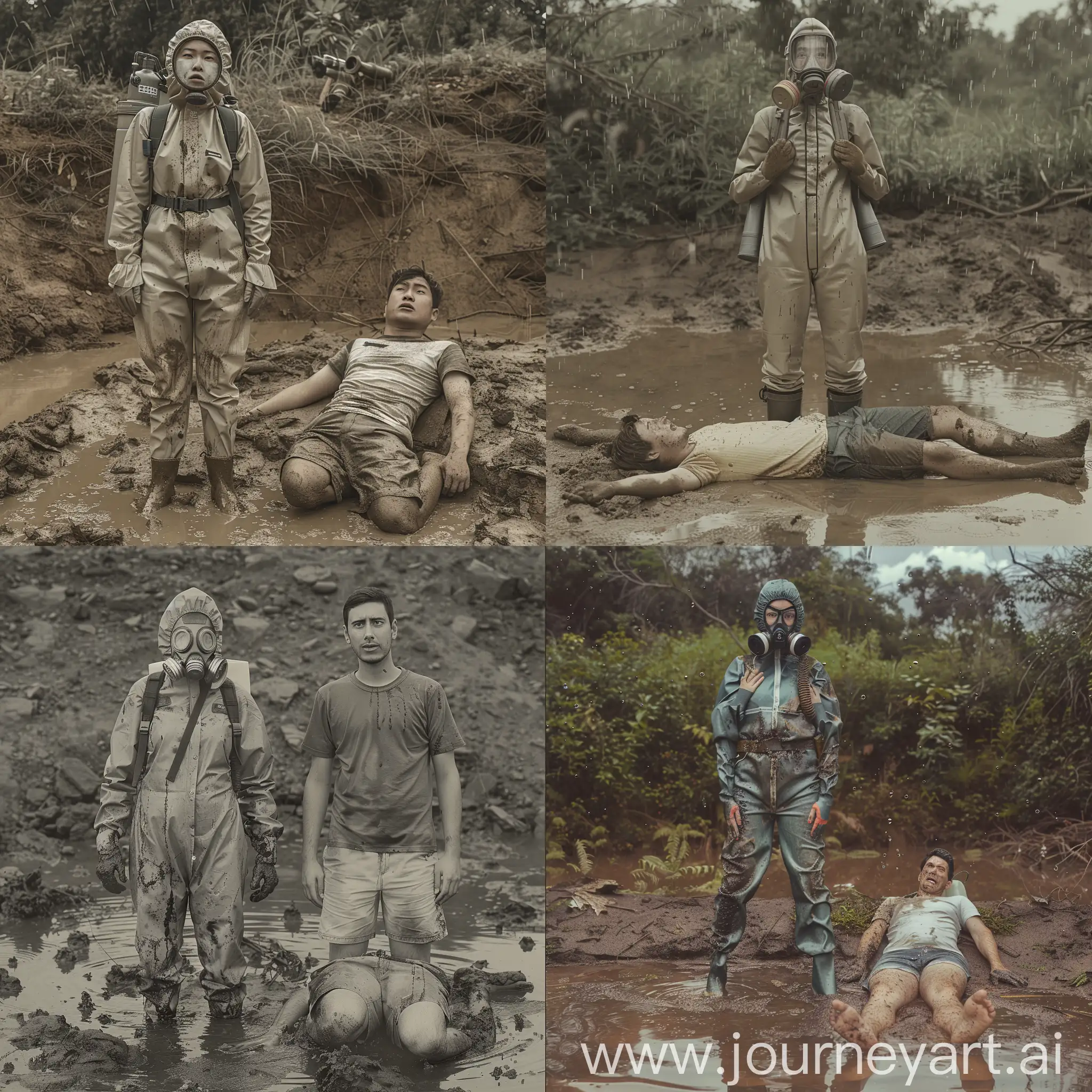 full-length colored photo of two persons, outdoor, rainy day, wet ground 
person 1: woman, protective gear, rubber overall, strong hazmat suit with hood, overall, fullbody, 3M fullface gasmask with visor, face covered with gasmask, oxygen tanks on the back, rubber gloves, rubber shoes, stand straight, hands on the chest, confident, drops of mud on suit, no exposed skin
person 2: man, casual shorts and t-shirt, lays on the ground in mud, scared