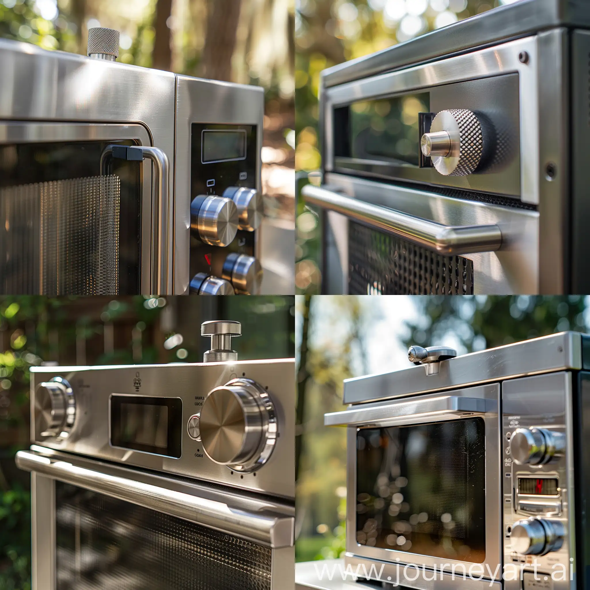 Outdoor microwave, mechanical tough style, knob above microwave, metallic, natural light, side view, clear details, cool tones, industrial style, durable, practical.
