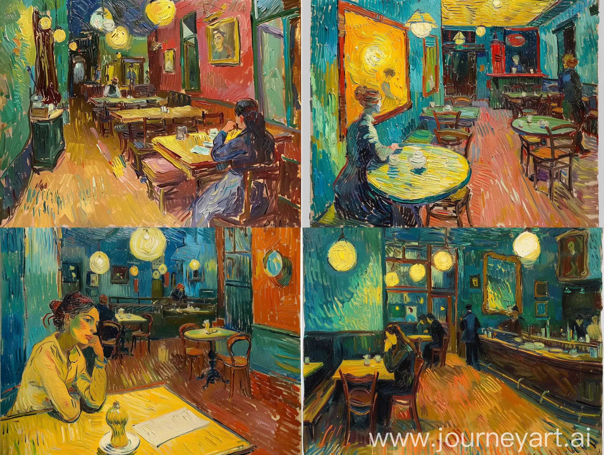 oil painting of a women sitting alone inside a restaurant in van gogh