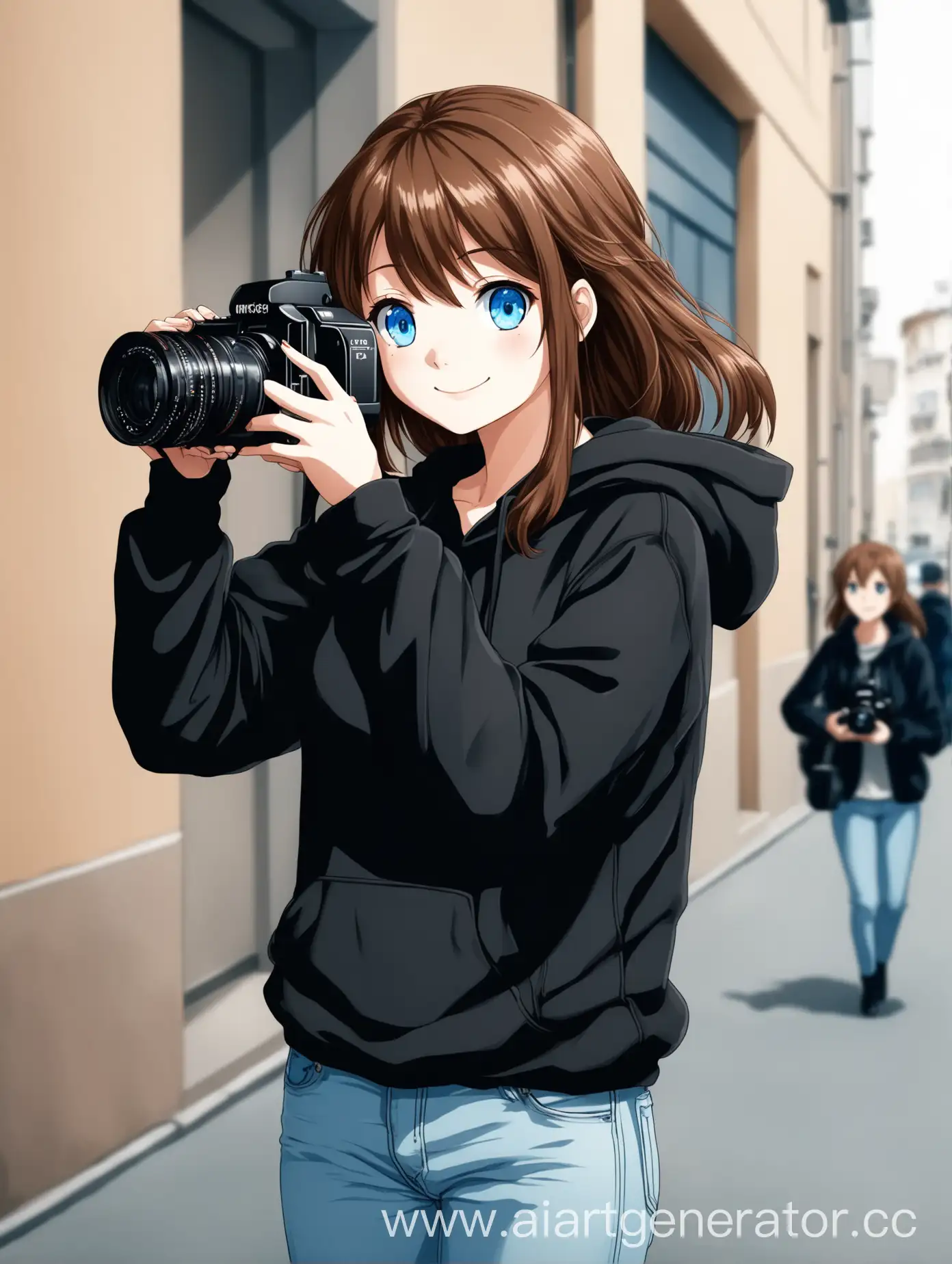 anime girl in a black hoodie and light jeans, blue eyes, medium brown hair, holding a large professional camera in her hands, smile on her face, feminine, street photographer, takes a photo holding the camera to her eyes