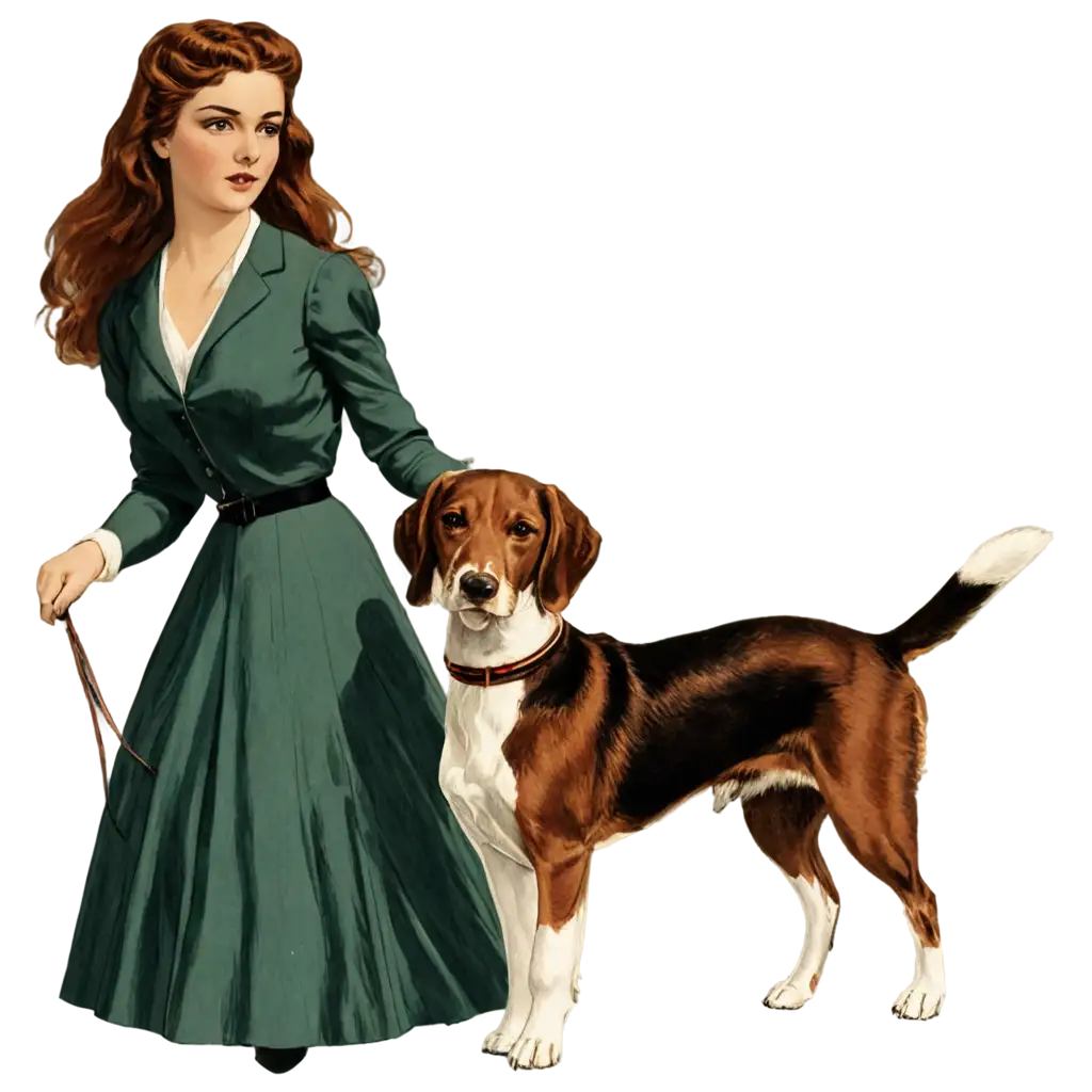 vintage illustration of 
women with long brown hair holding a beagle dog