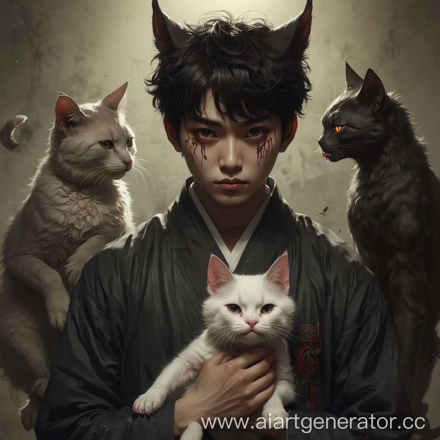 парень, кот - демон ,корея
