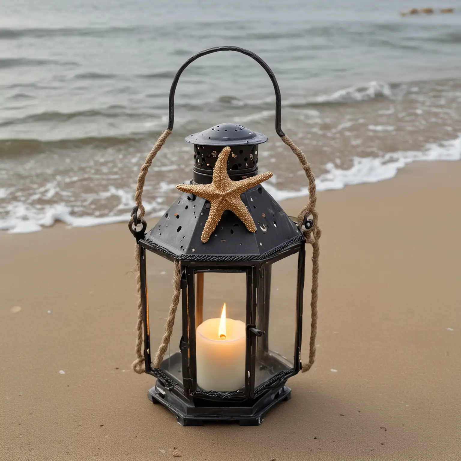 small metal lantern with small nautical rope around it with a starfish
