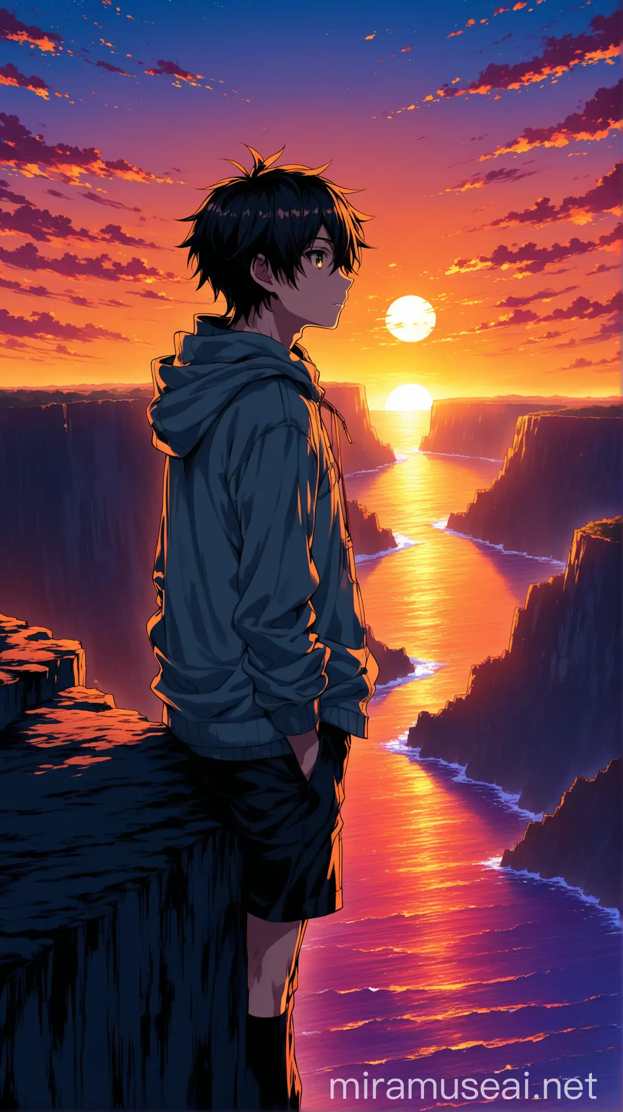 anime boy enjoys the view of sunset in edge of cliff crayon, a stark contrast to the vibrant hues bleeding across the sky 