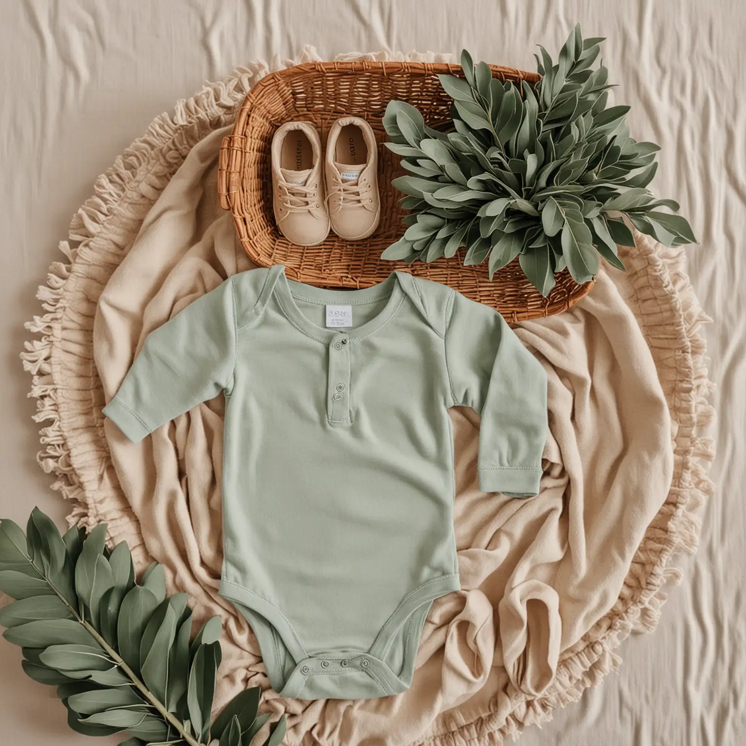 Flat Lay Baby Essentials Cane Basket Onesie Shoes Foliage and Blanket
