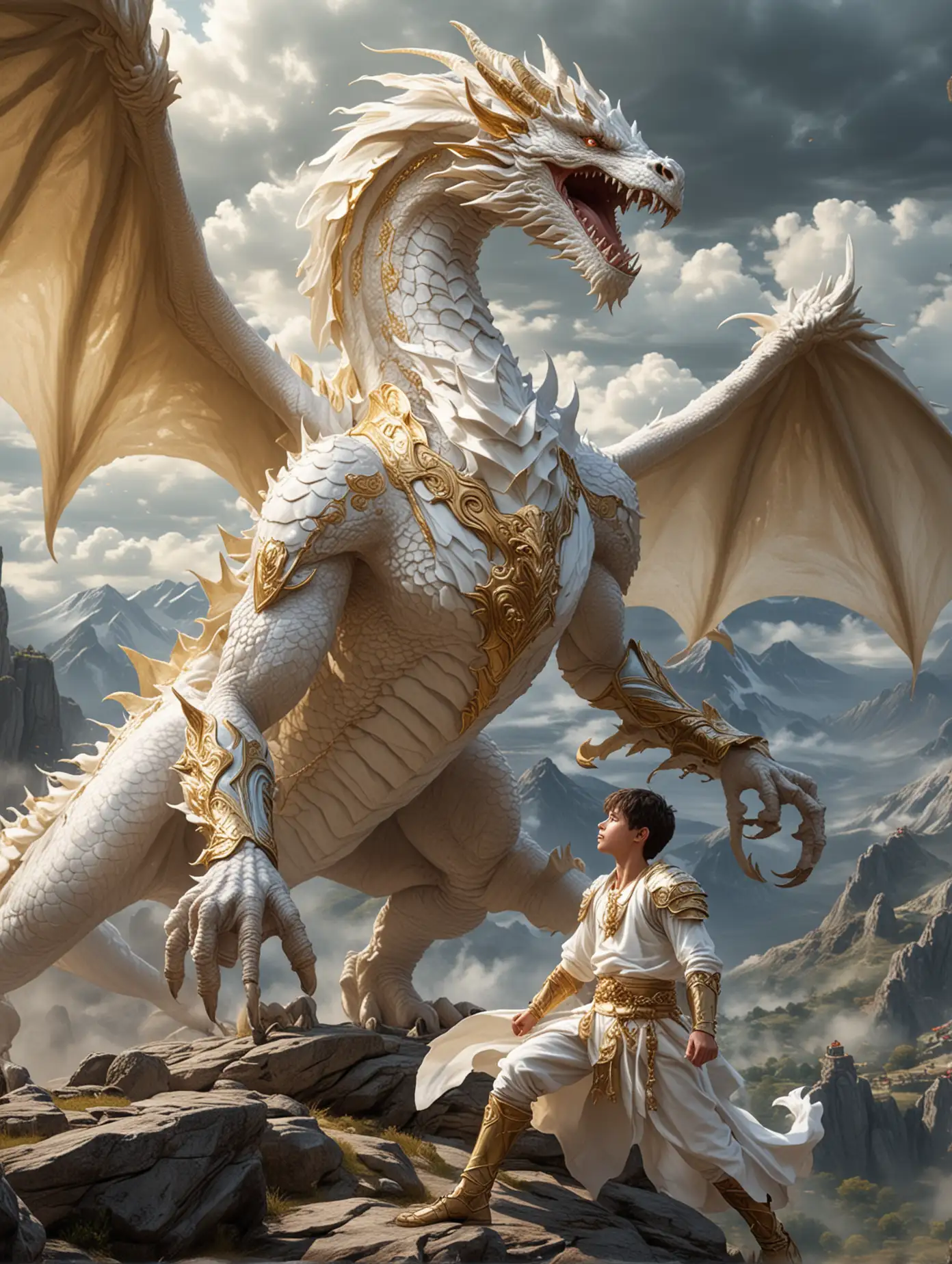a handsome, bare-chested 15-year-old male knight wearing white cloth and gold jewelry fights with a giant white dragon on a mountain