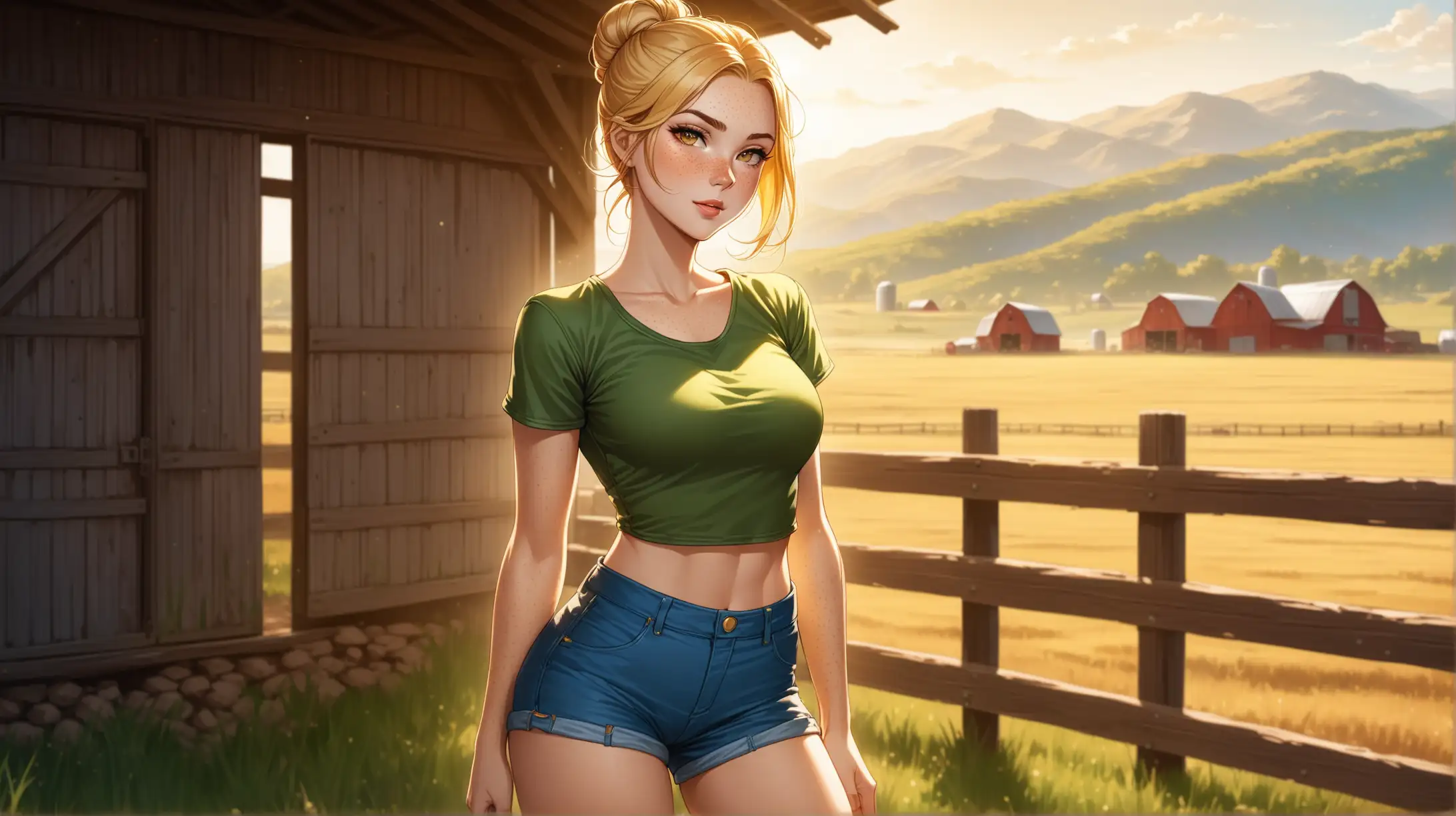 Draw a woman, long blonde hair in a bun, gold eyes, freckles, perky figure, shorts and shirt inspired from the Fallout series, high quality, cowboy shot, outdoors, farm setting, seductive pose, natural lighting, loving gaze toward the viewer