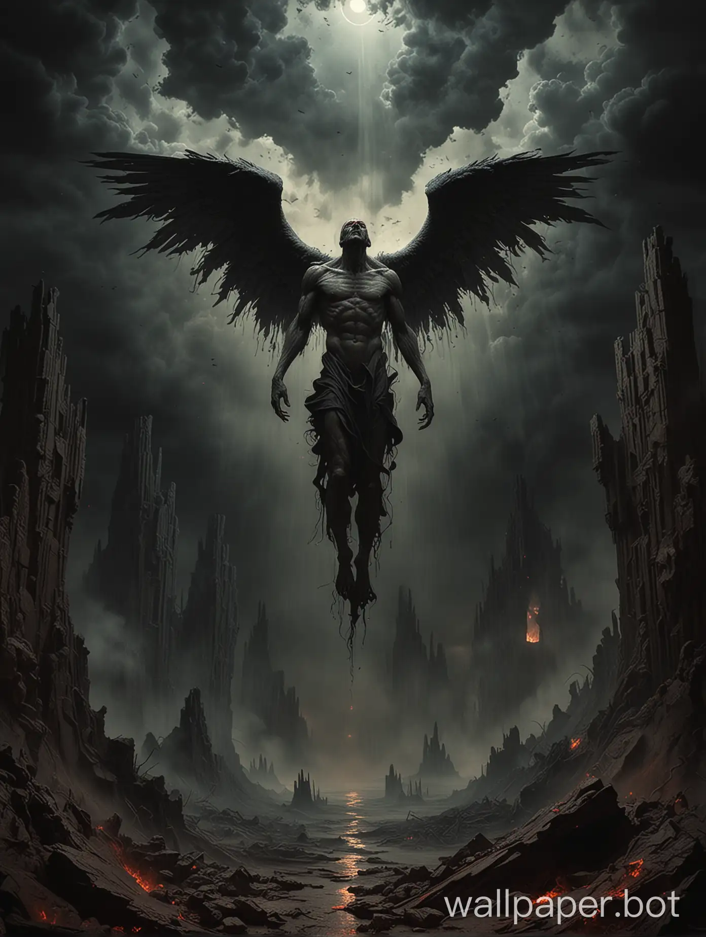 Falling angel in dark sky , inspired by beksinski ominous figure in the background, dark concept art, this is hell, hyperrealistic hell, horror concept art, satan in hell, king of hell, the god hades