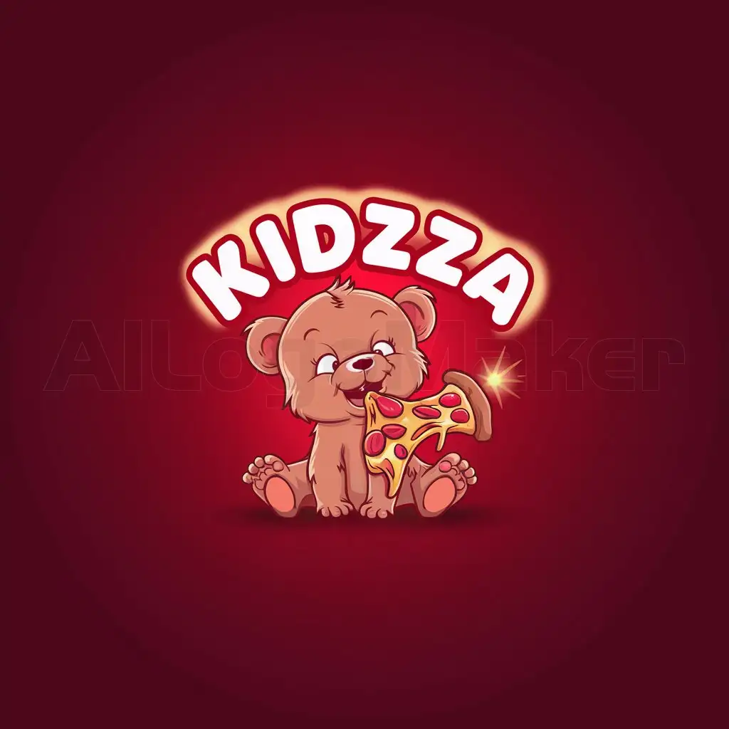 a logo design,with the text "kidzza", main symbol:that it's a baby bear eating pizza and give me the background that is red,Moderate,clear background