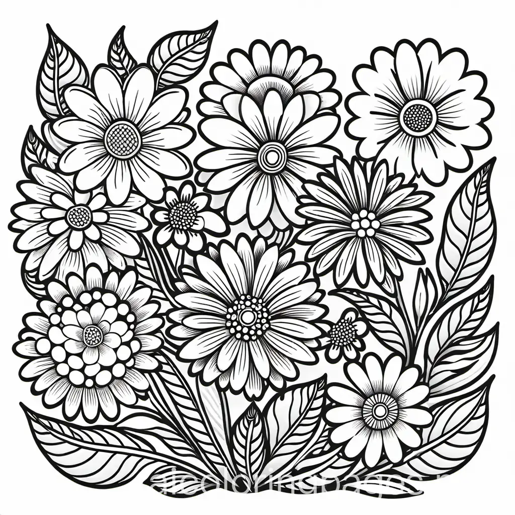 Flowers, Coloring Page, black and white, line art, white background, Simplicity, Ample White Space. The background of the coloring page is plain white to make it easy for young children to color within the lines. The outlines of all the subjects are easy to distinguish, making it simple for kids to color without too much difficulty
