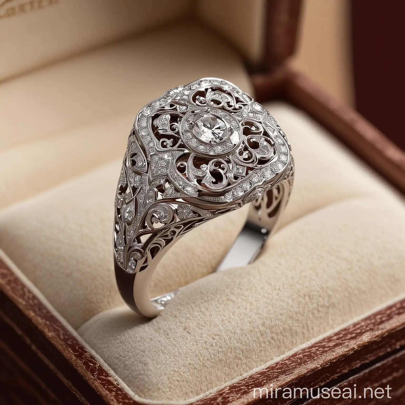Elegant White Gold and Diamond Ring with Arabesque Patterns by Cartier