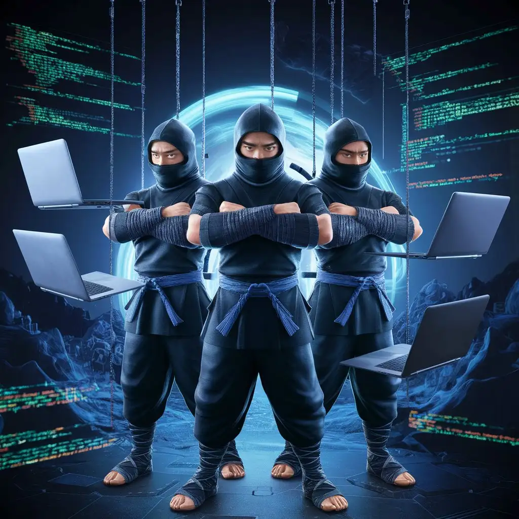 three ninjas stand in the center of the picture like super heroes with their arms crossed on their chests. There are laptops floating around. programmer code in the background