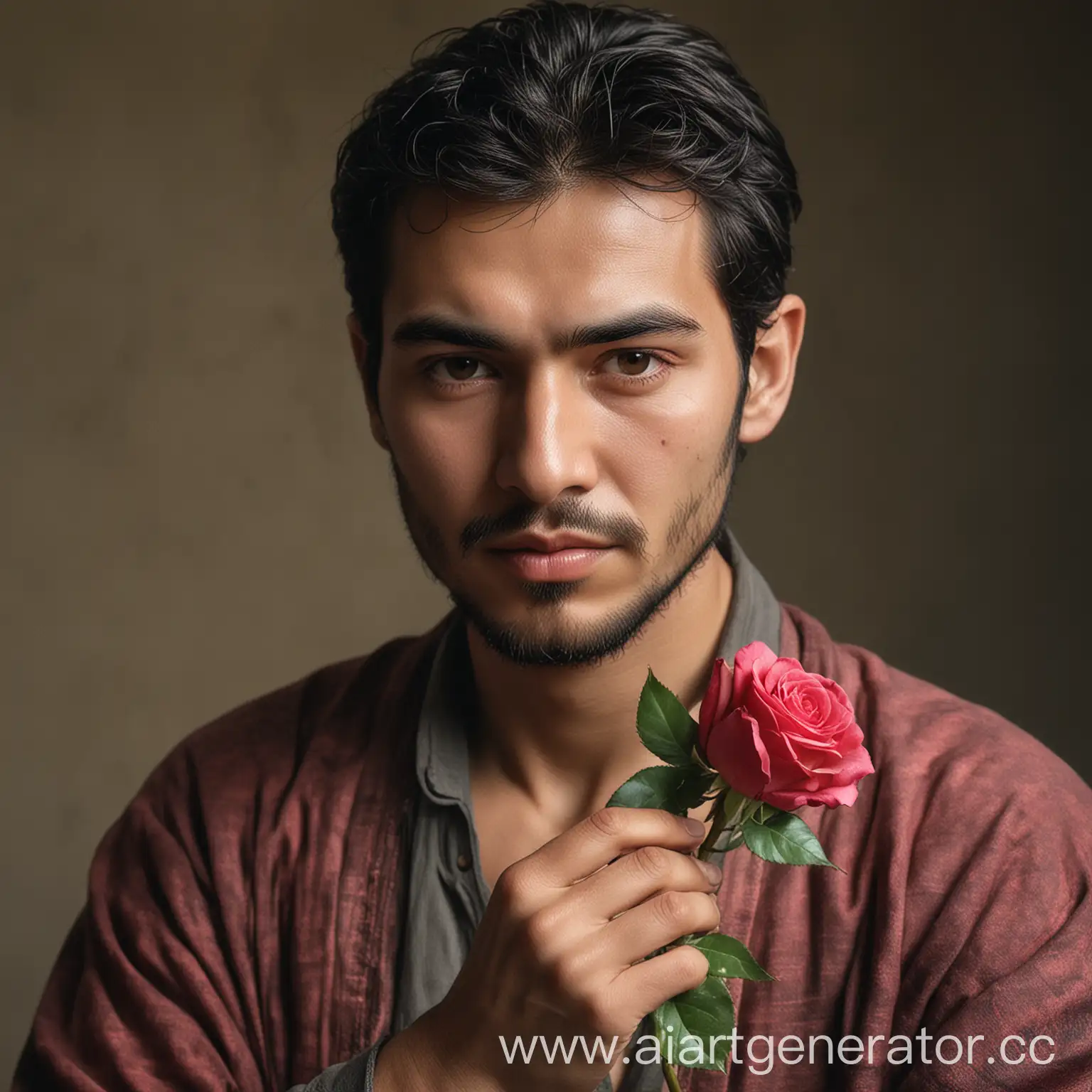 A man of eastern appearance holds a rose