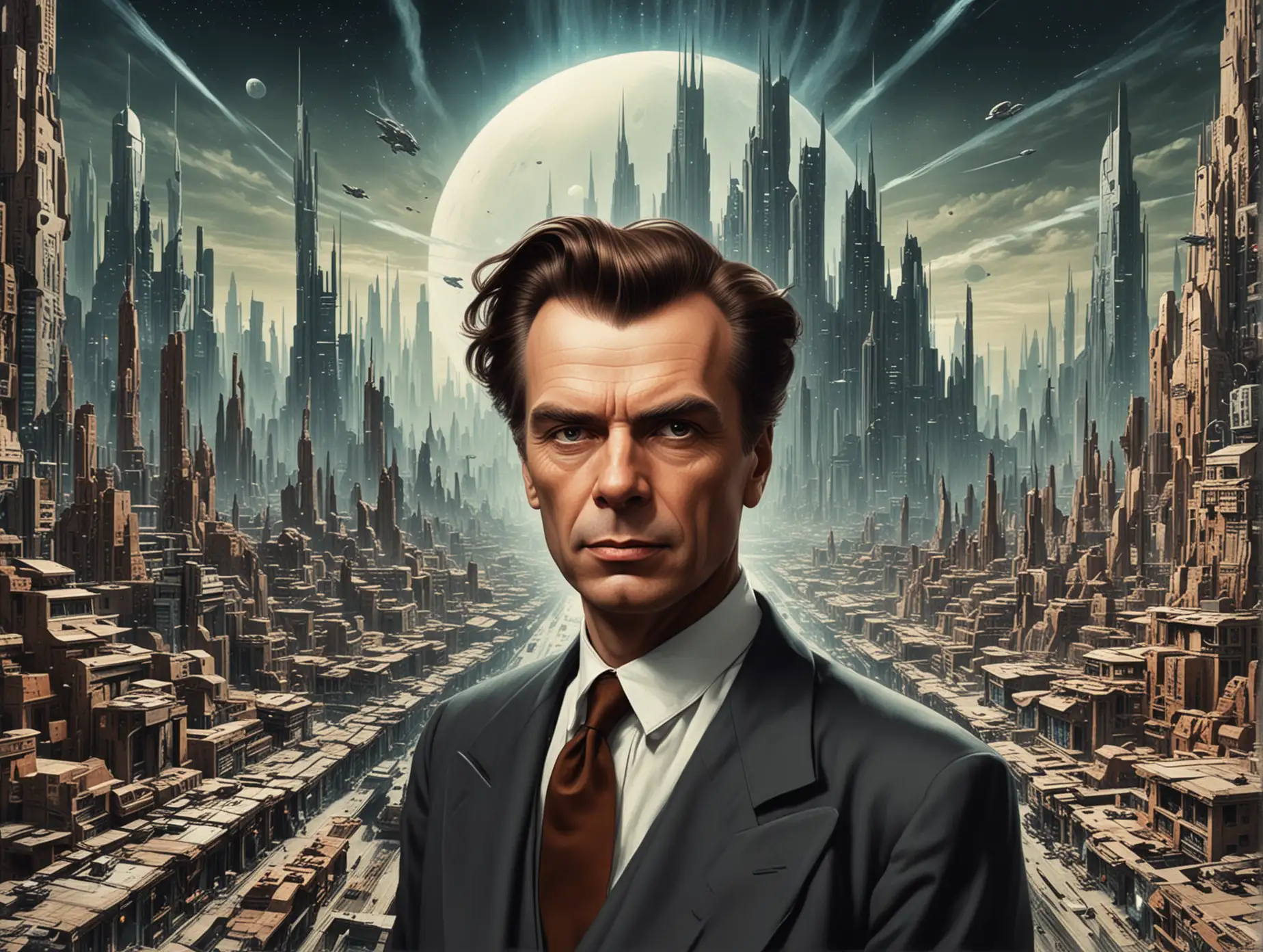 Aldous Huxley as the central image. The background is a futuristic city. 