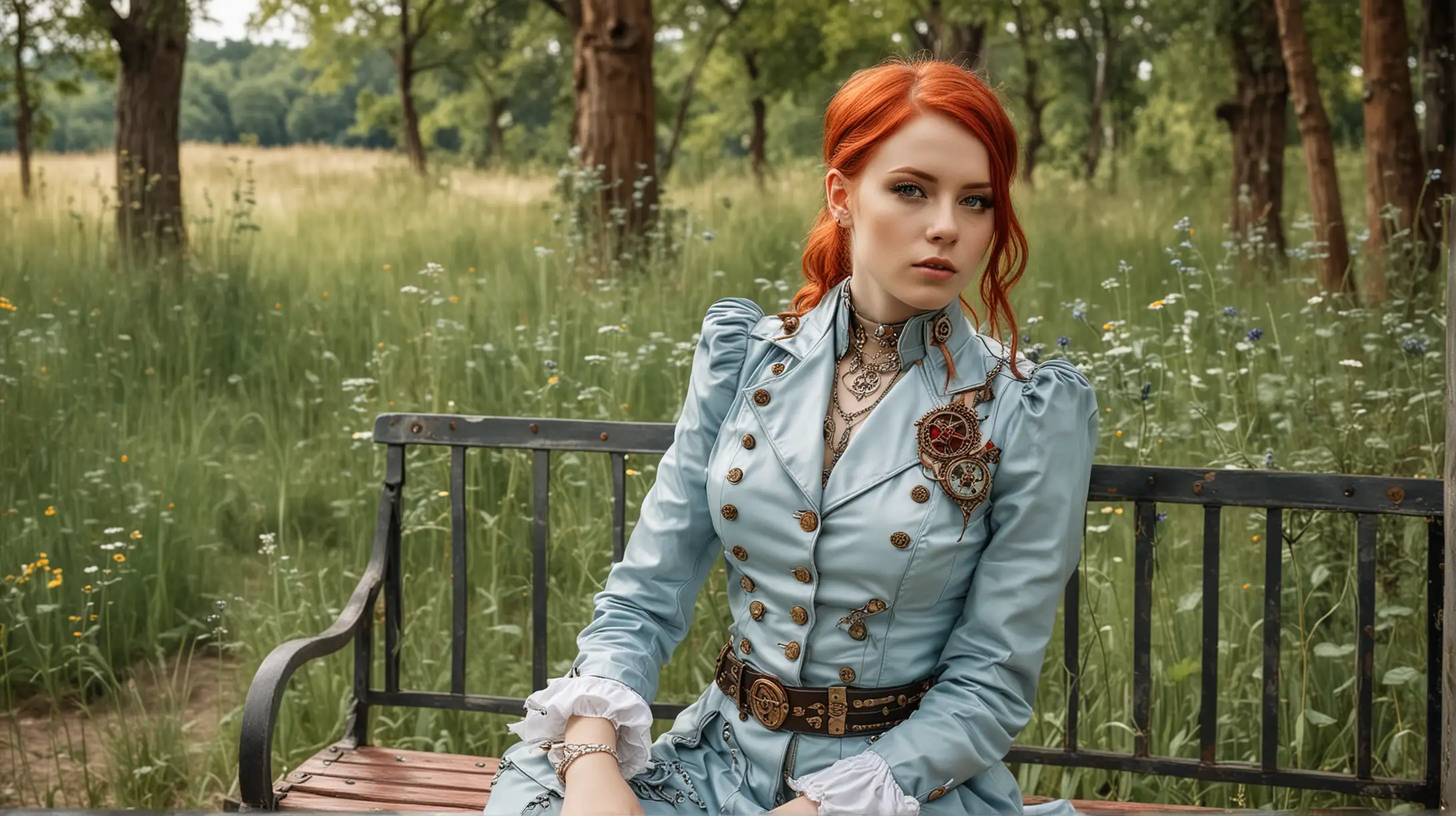 Steampunk Woman Relaxing in Sunny Wild Park